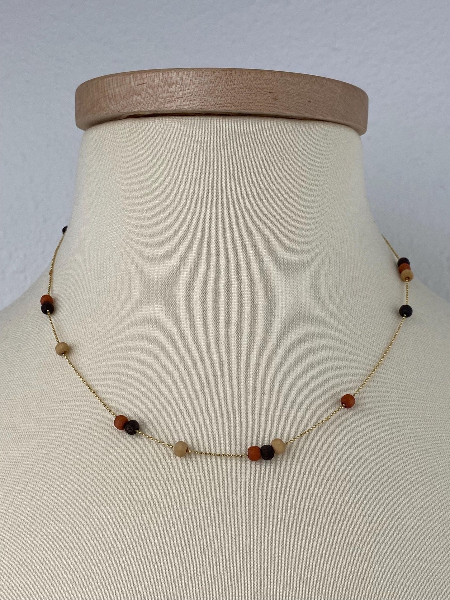 Vintage Solid 14k Yellow Gold Wooden Bead Dainty Ball Chain Necklace - 18 inches