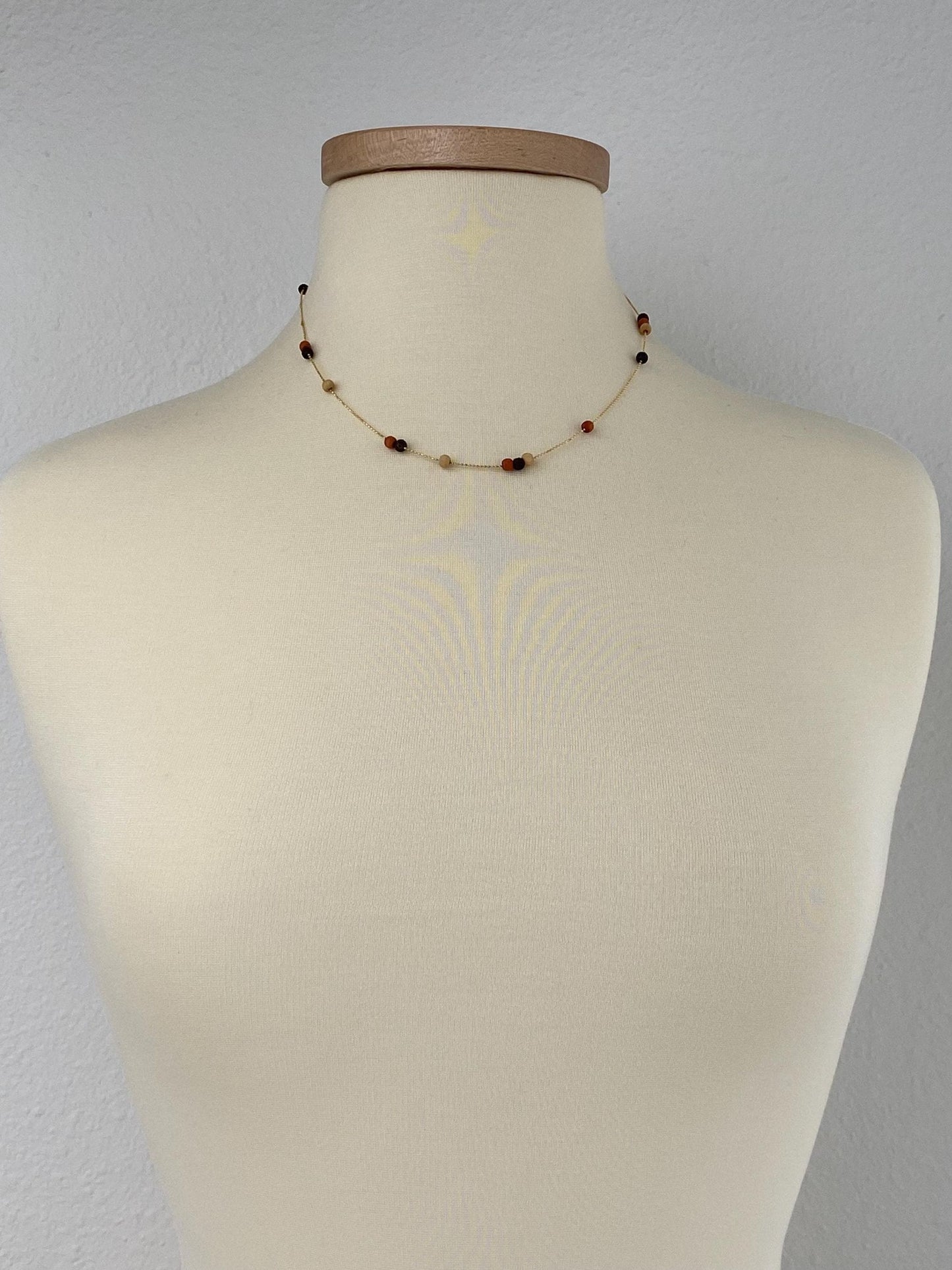 Vintage Solid 14k Yellow Gold Wooden Bead Dainty Ball Chain Necklace - 18 inches