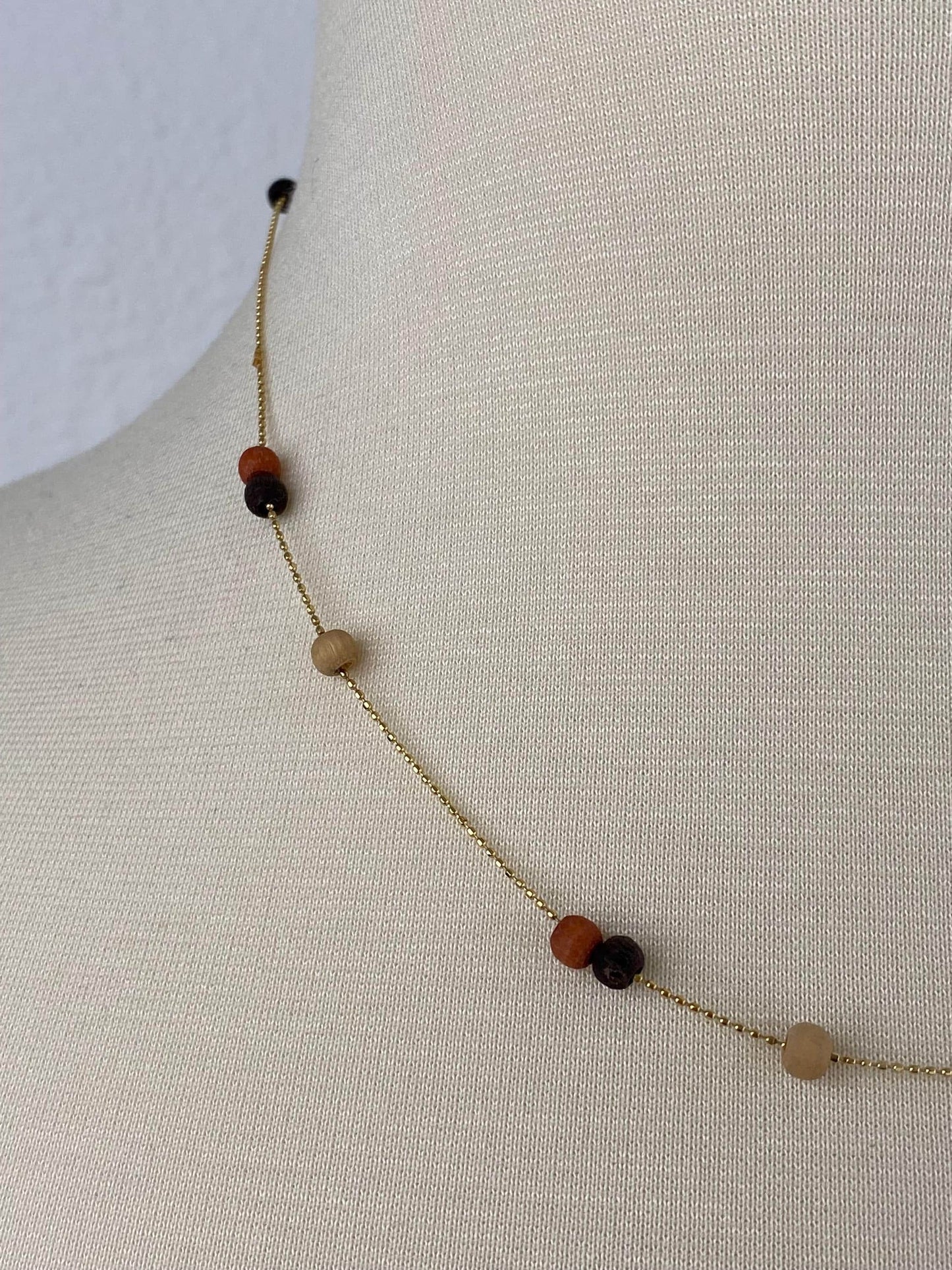 Vintage Solid 14k Yellow Gold Wooden Bead Dainty Ball Chain Necklace - 18 inches