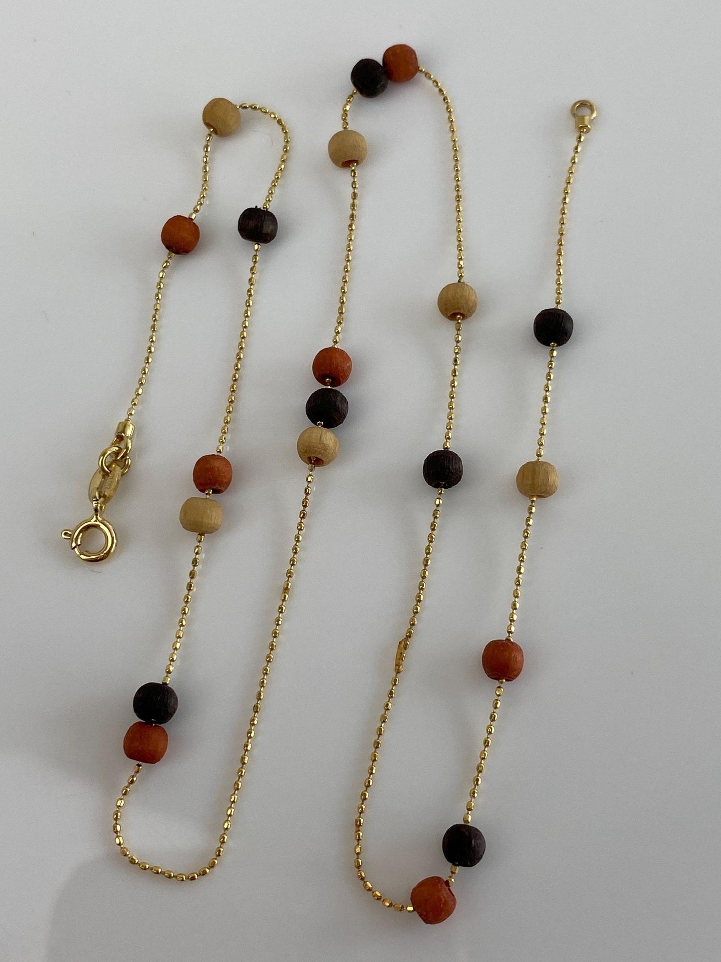 Vintage Solid 14k Yellow Gold Wooden Bead Dainty Ball Chain Necklace - 18 inches