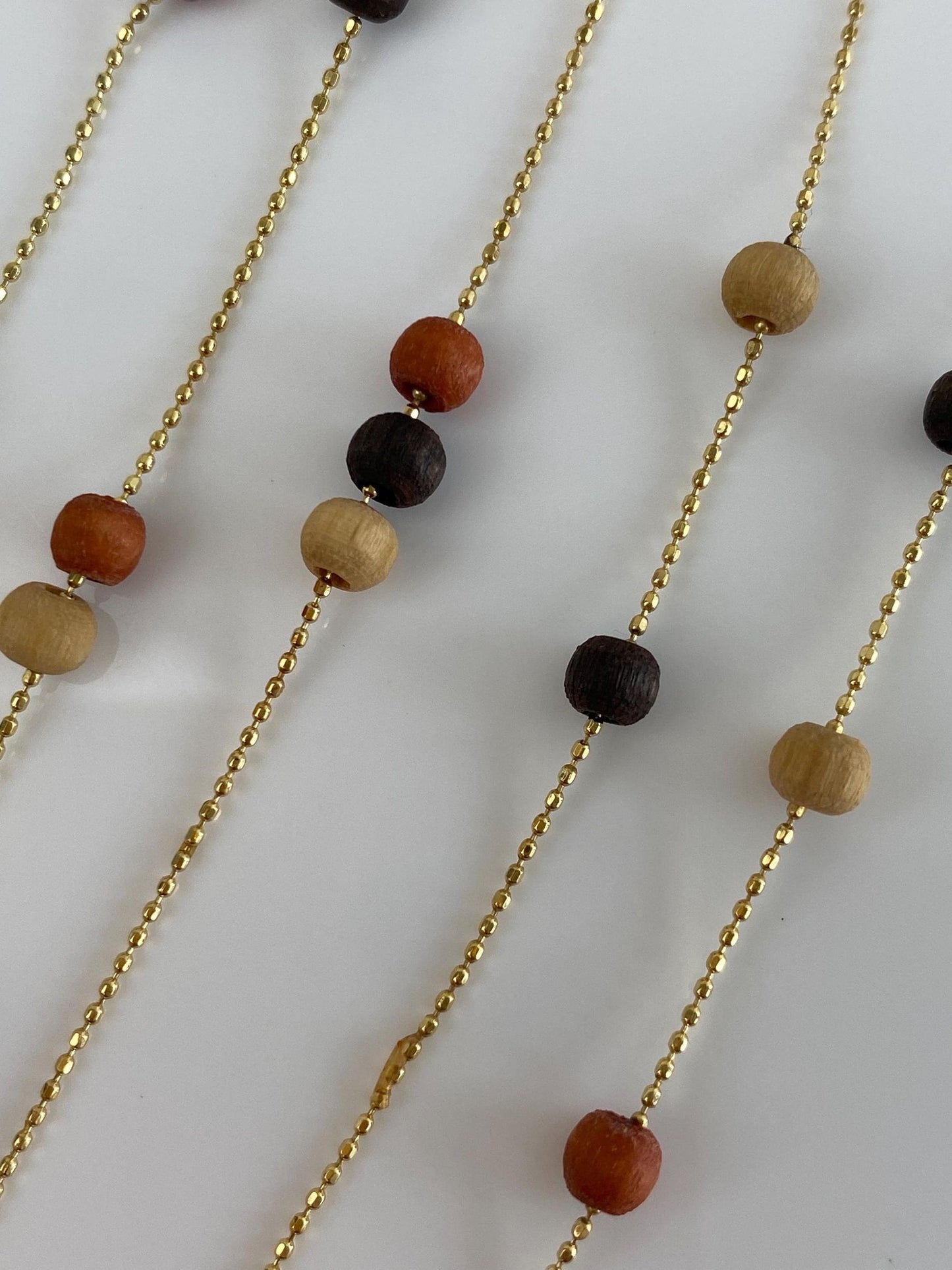 Vintage Solid 14k Yellow Gold Wooden Bead Dainty Ball Chain Necklace - 18 inches