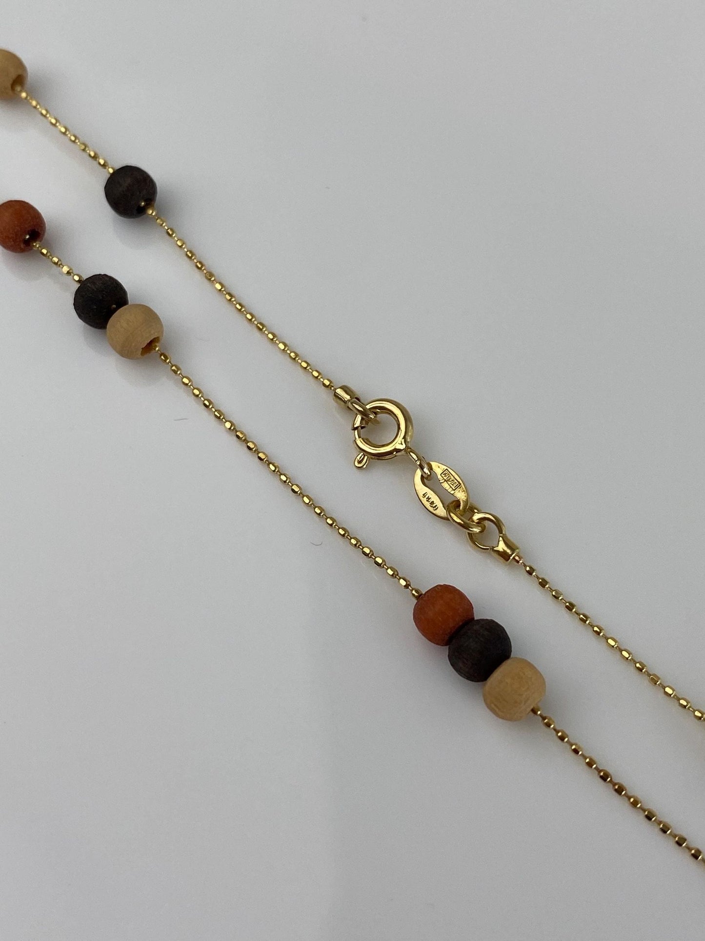 Vintage Solid 14k Yellow Gold Wooden Bead Dainty Ball Chain Necklace - 18 inches