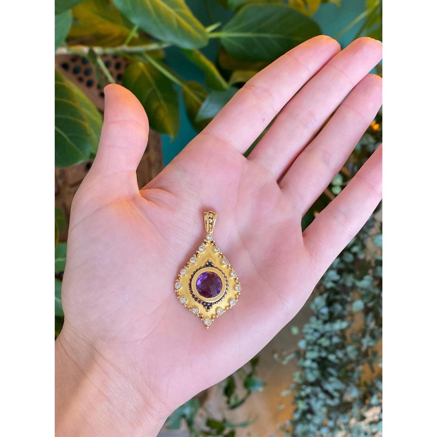 Vintage Solid 14k Yellow Gold Amethyst Clear Cubic Zirconia Charm