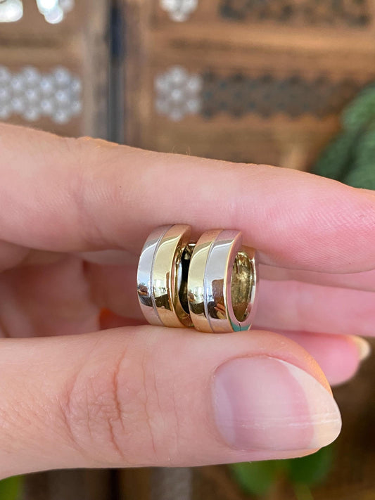 Vintage Solid 14k White & Yellow Gold Lined Hoop Earrings