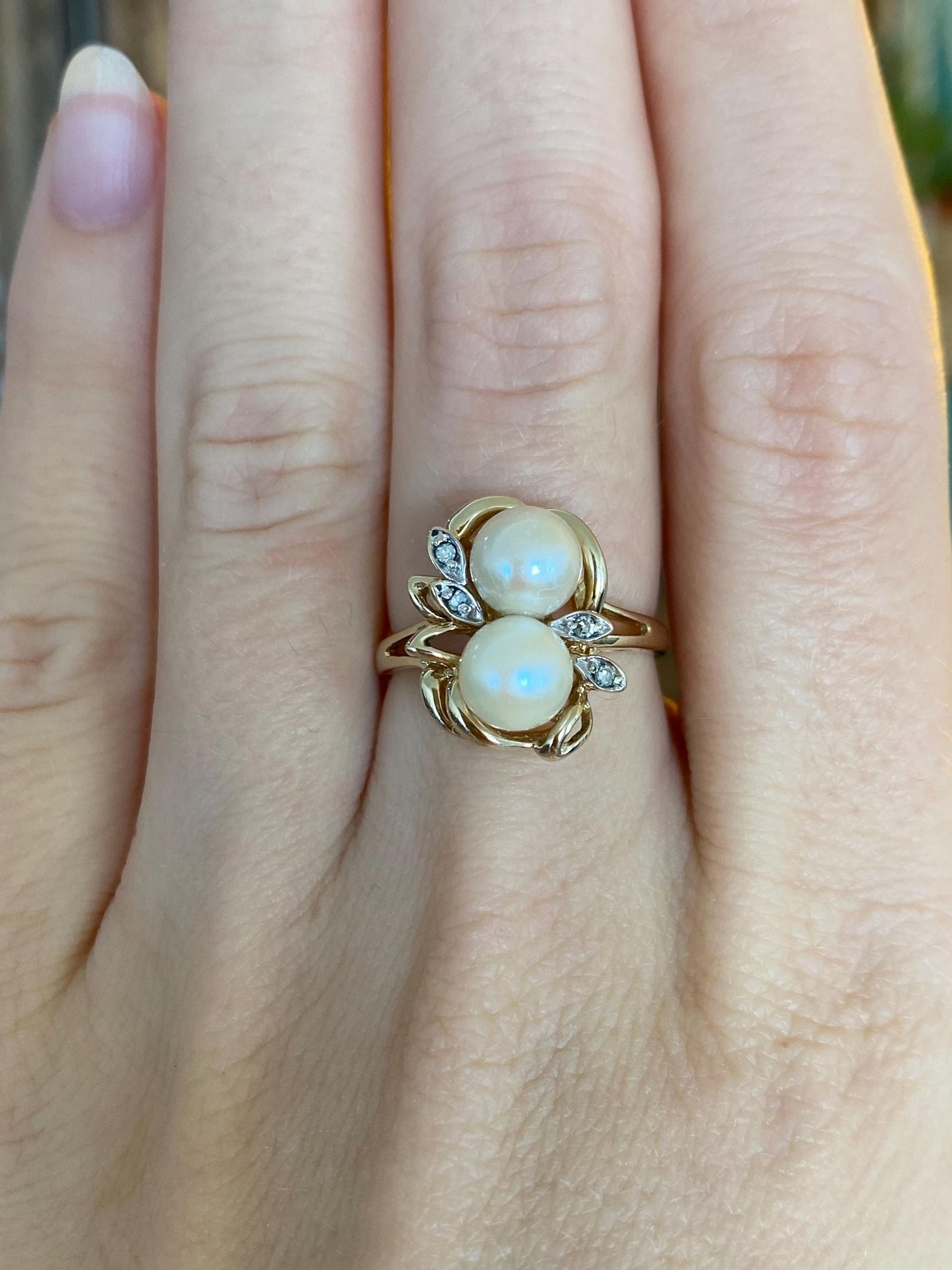 Vintage Solid 10k Yellow Gold Pearls Diamond Ring - Size 6.25