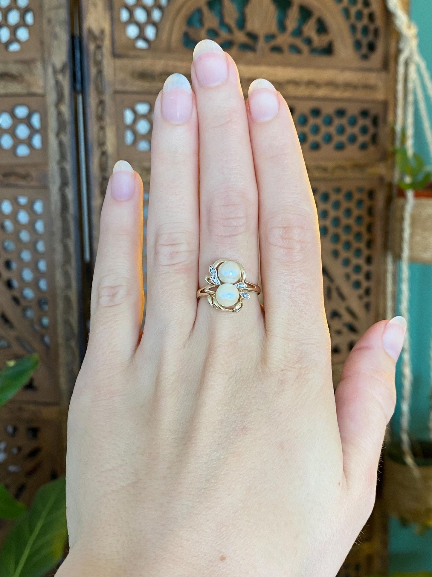 Vintage Solid 10k Yellow Gold Pearls Diamond Ring - Size 6.25