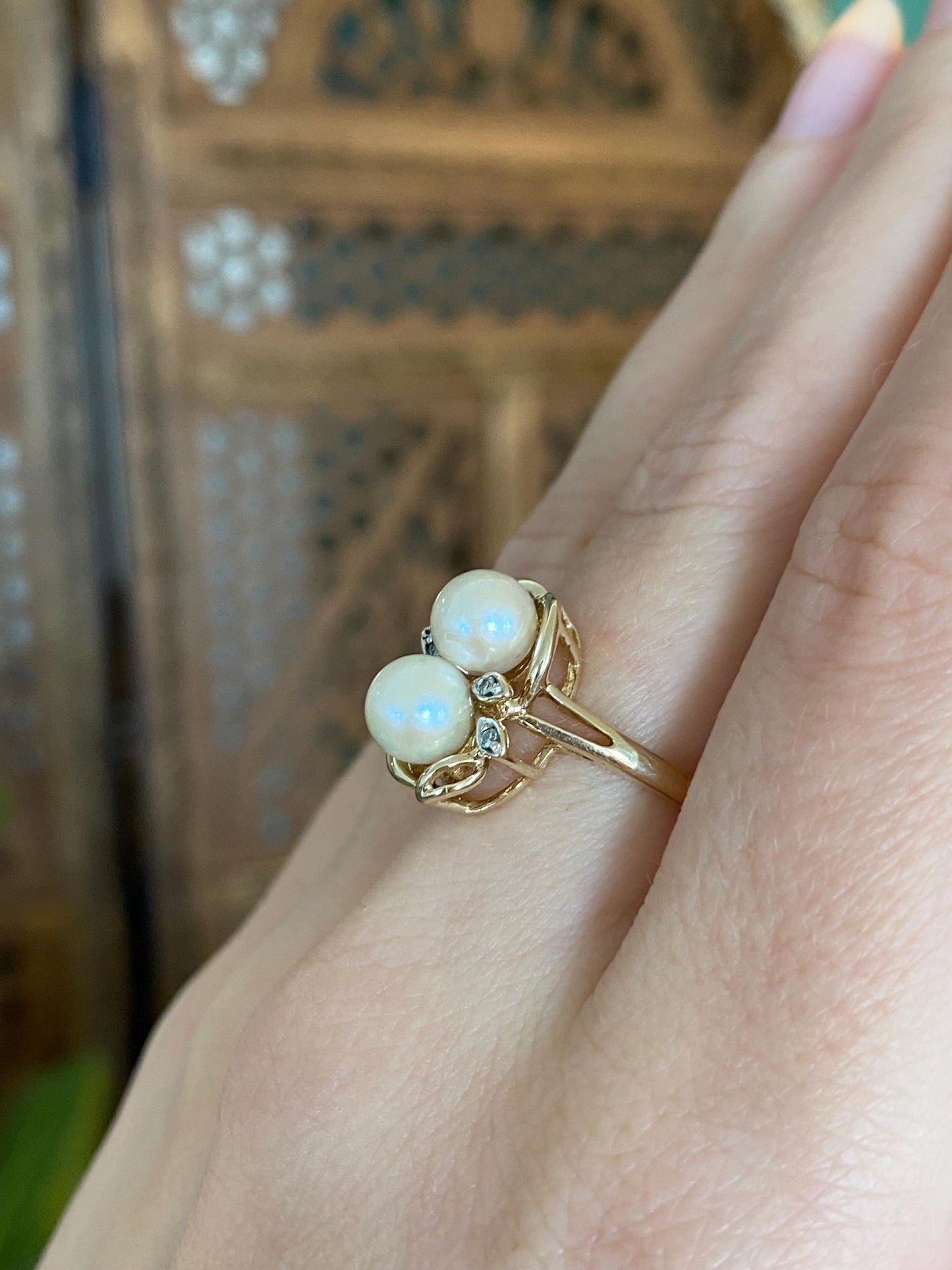 Vintage Solid 10k Yellow Gold Pearls Diamond Ring - Size 6.25
