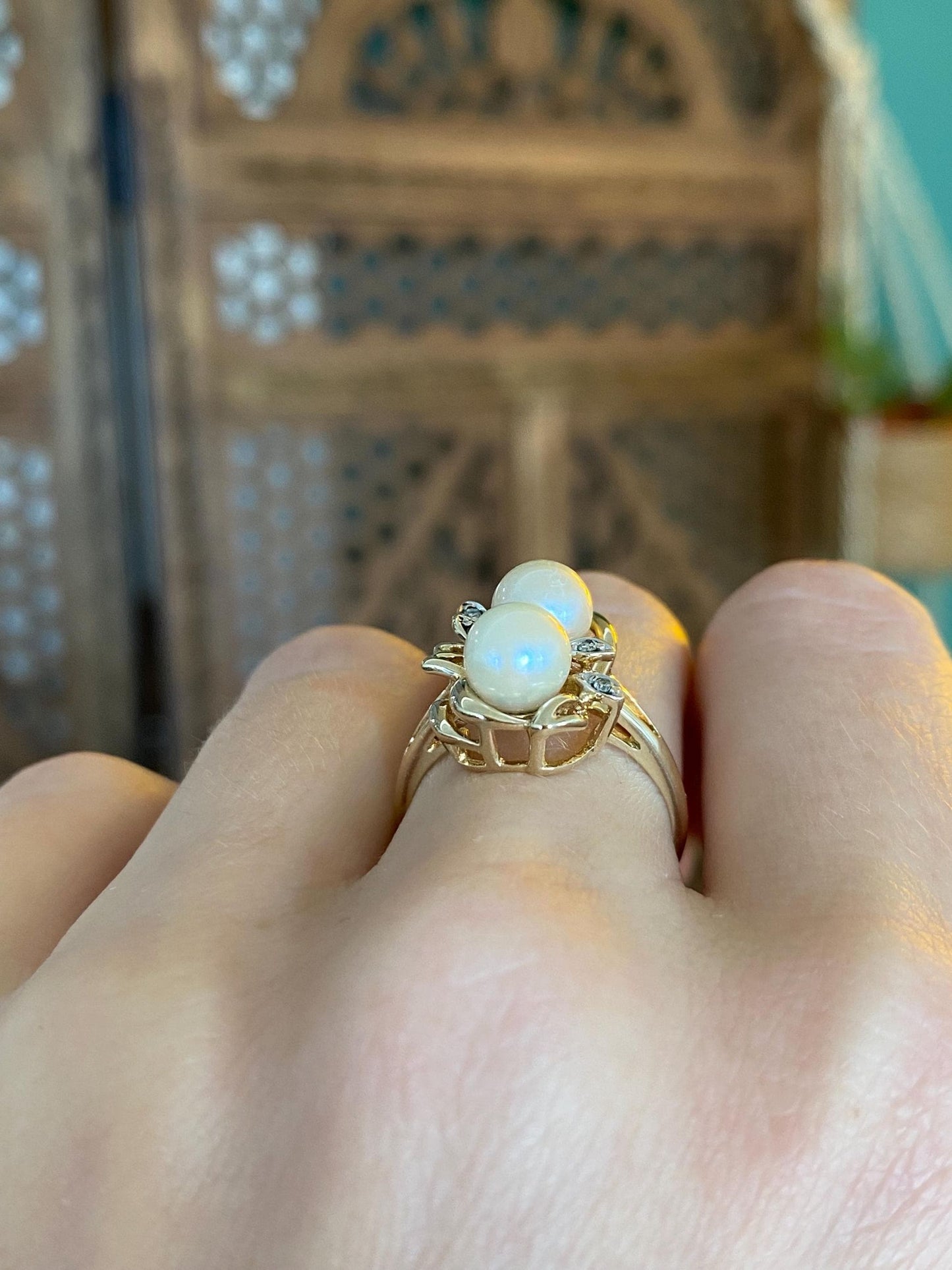 Vintage Solid 10k Yellow Gold Pearls Diamond Ring - Size 6.25