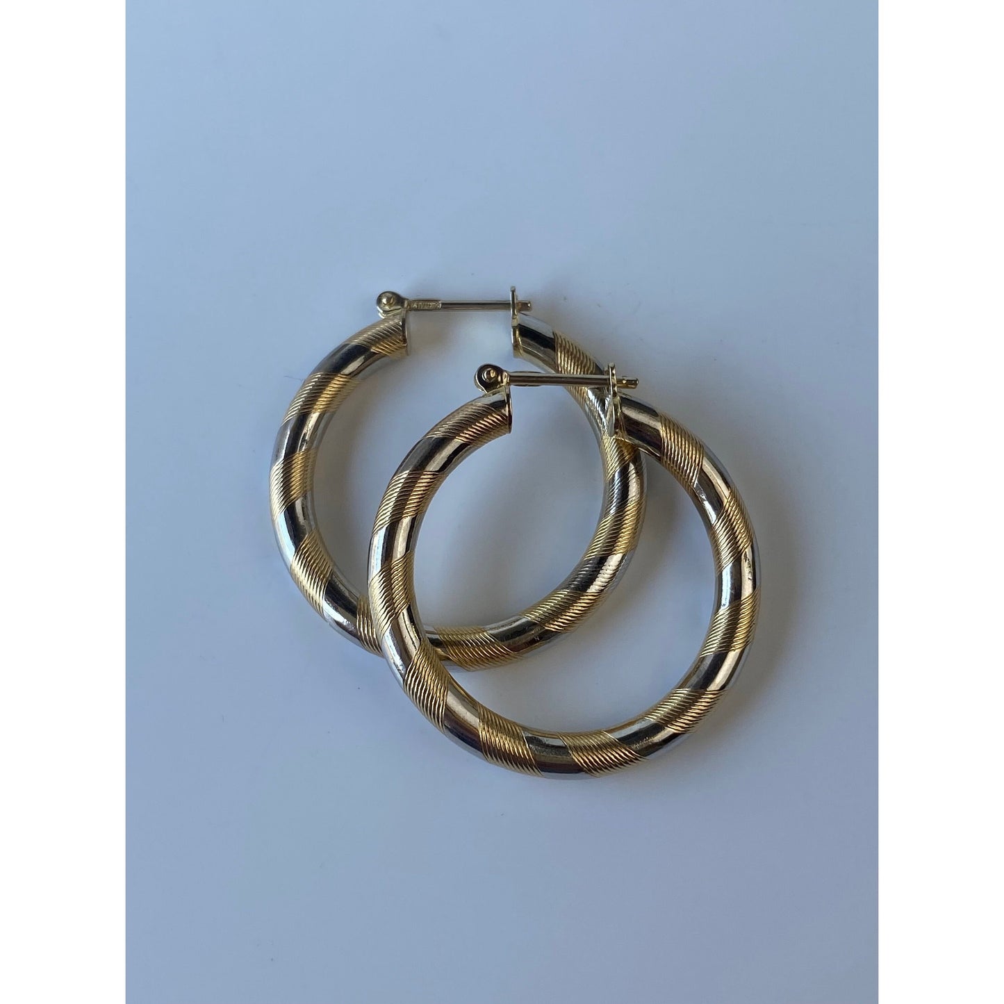 Vintage Solid 14k White & Yellow Gold Striped Hoop Earrings