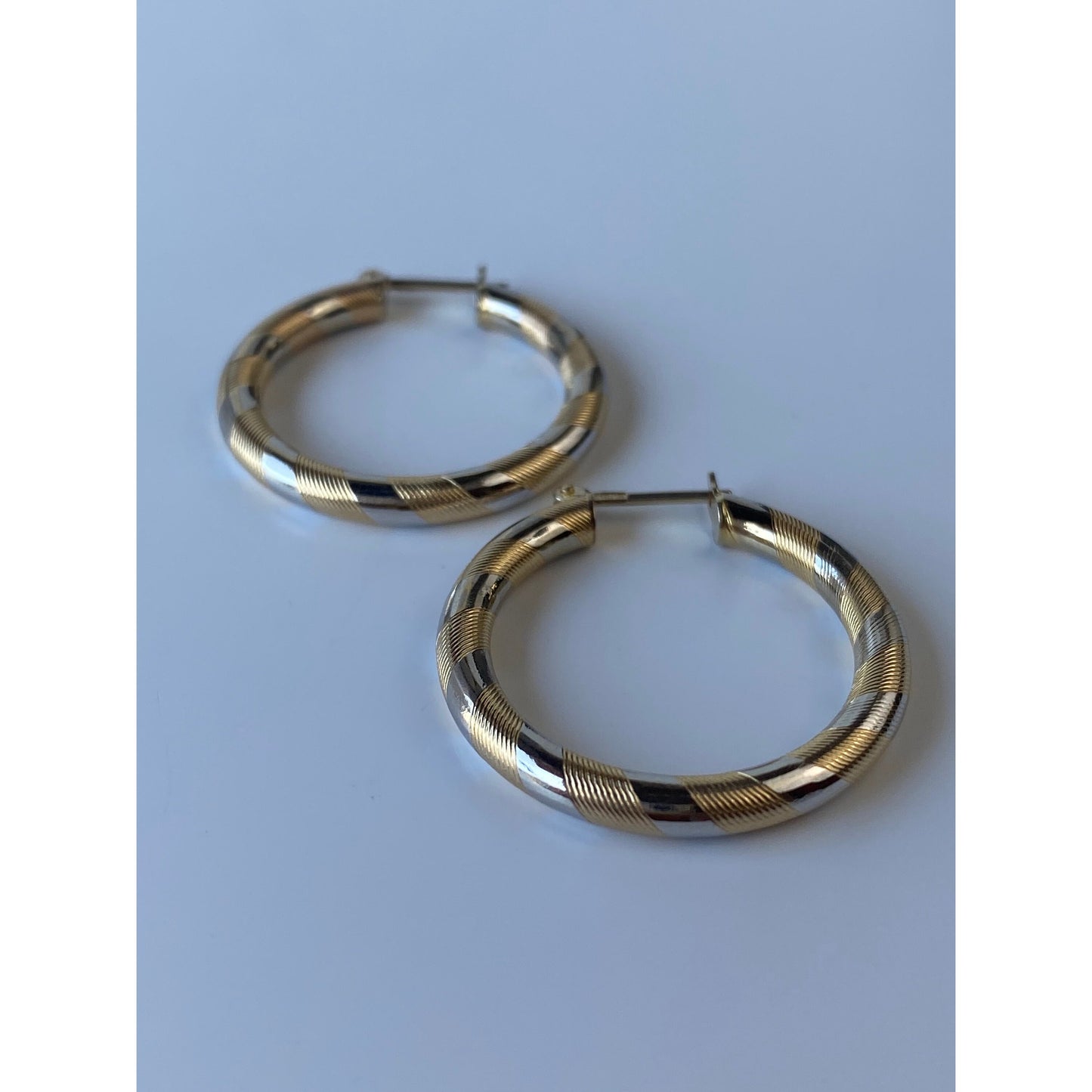 Vintage Solid 14k White & Yellow Gold Striped Hoop Earrings