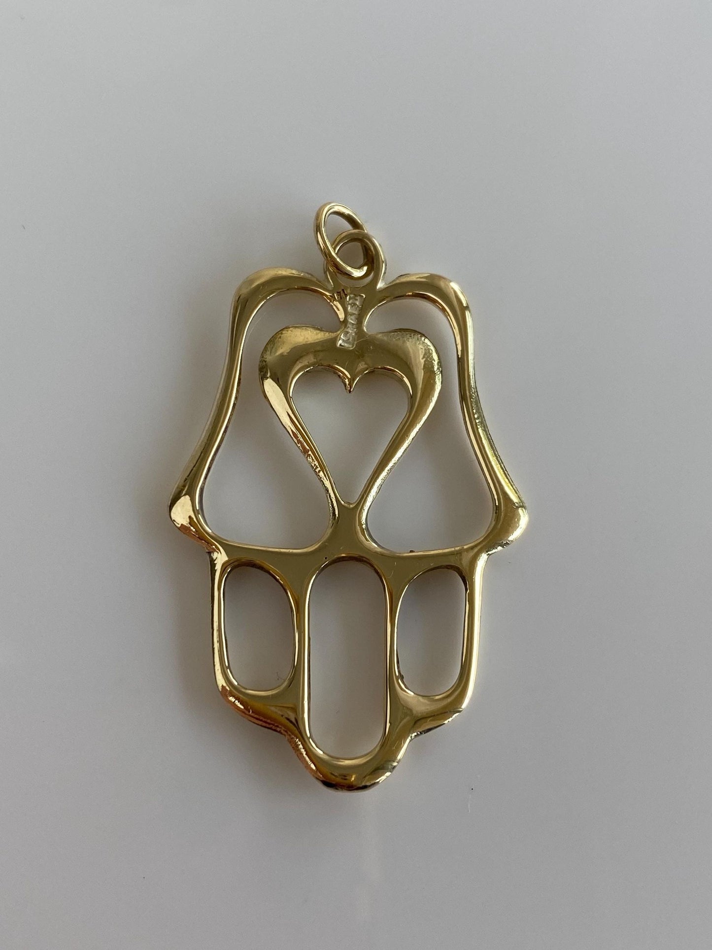 Vintage Solid 14k Yellow Gold Abstract Open Work Hamsa Hand Heart Charm