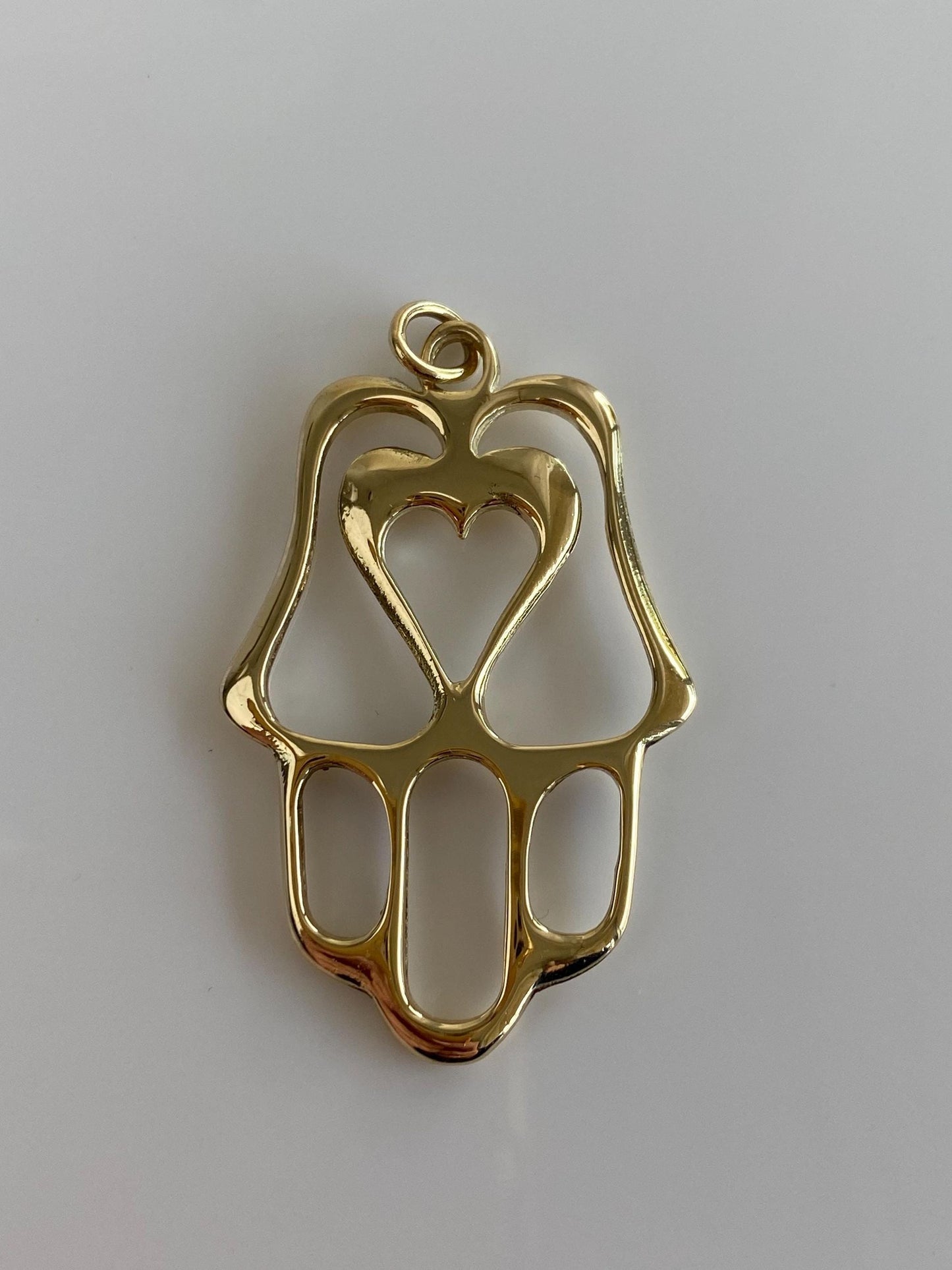 Vintage Solid 14k Yellow Gold Abstract Open Work Hamsa Hand Heart Charm