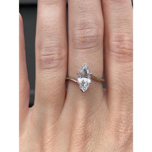 Solid 14k White Gold Solitaire Clear Quartz Marquis Ring - Size 6.25