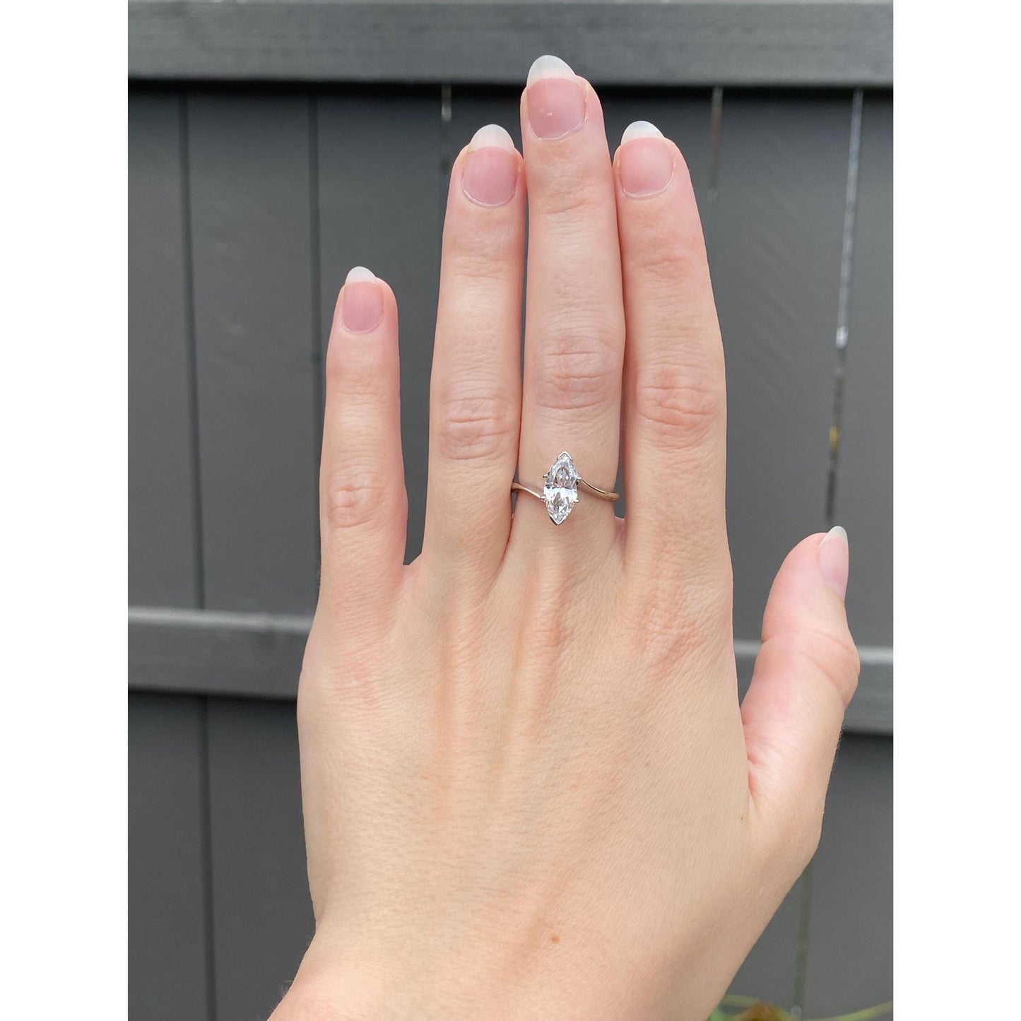 Solid 14k White Gold Solitaire Clear Quartz Marquis Ring - Size 6.25