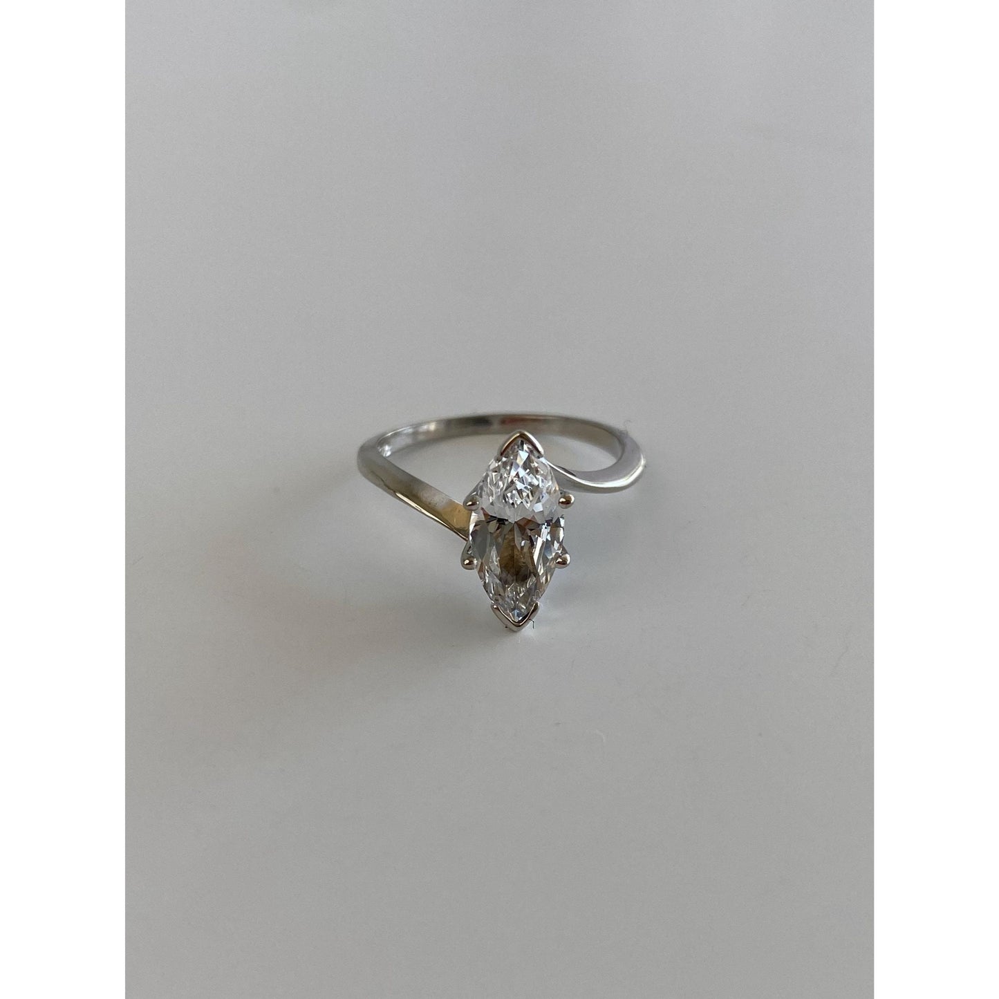 Solid 14k White Gold Solitaire Clear Quartz Marquis Ring - Size 6.25