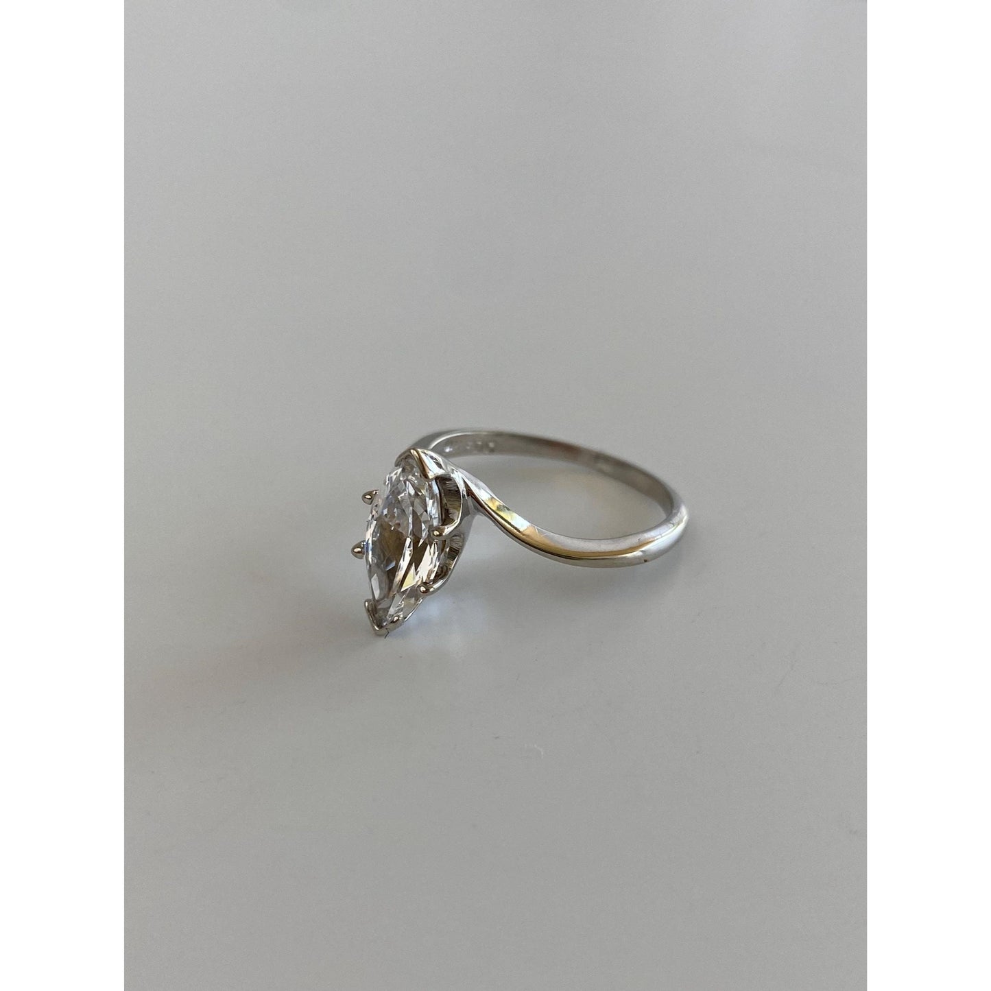 Solid 14k White Gold Solitaire Clear Quartz Marquis Ring - Size 6.25