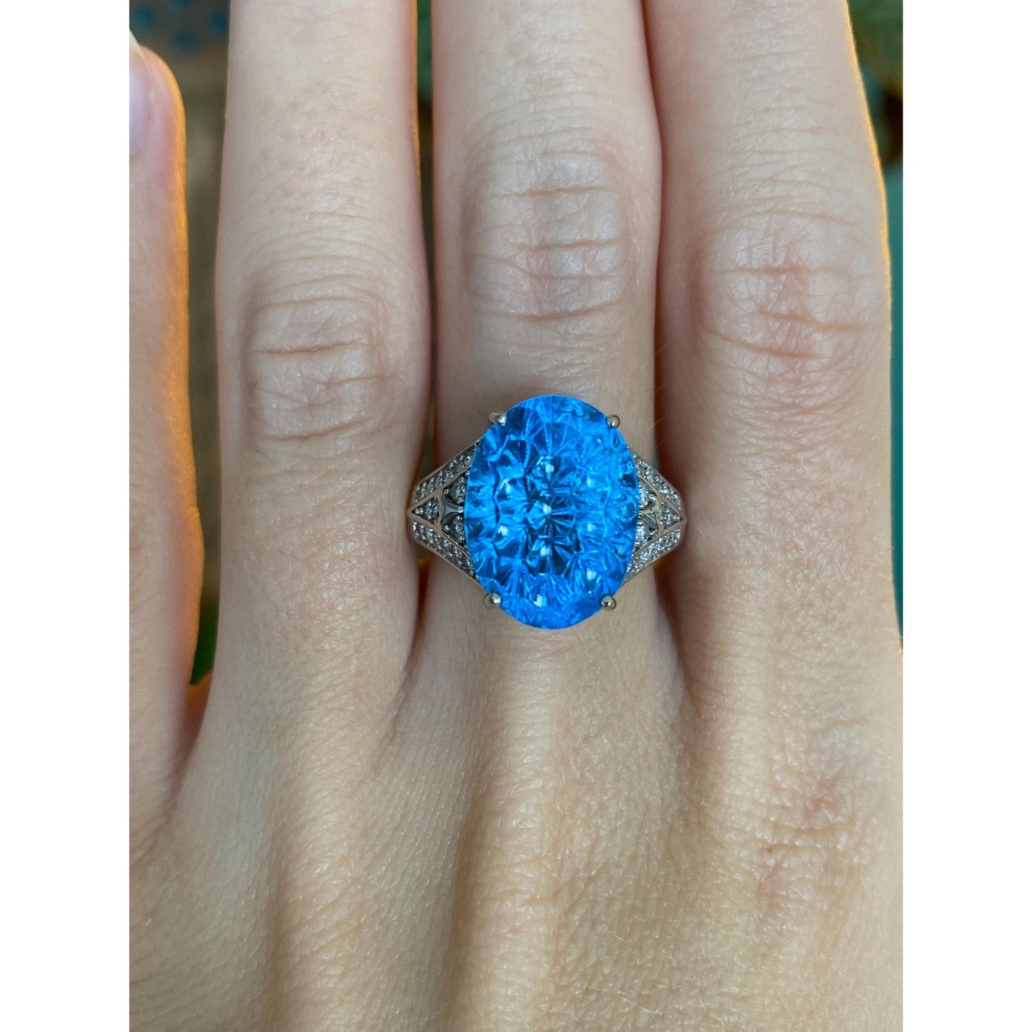 Vintage Solid 14k White Gold Diamond Fancy Cut Topaz Ring - Size 6.75