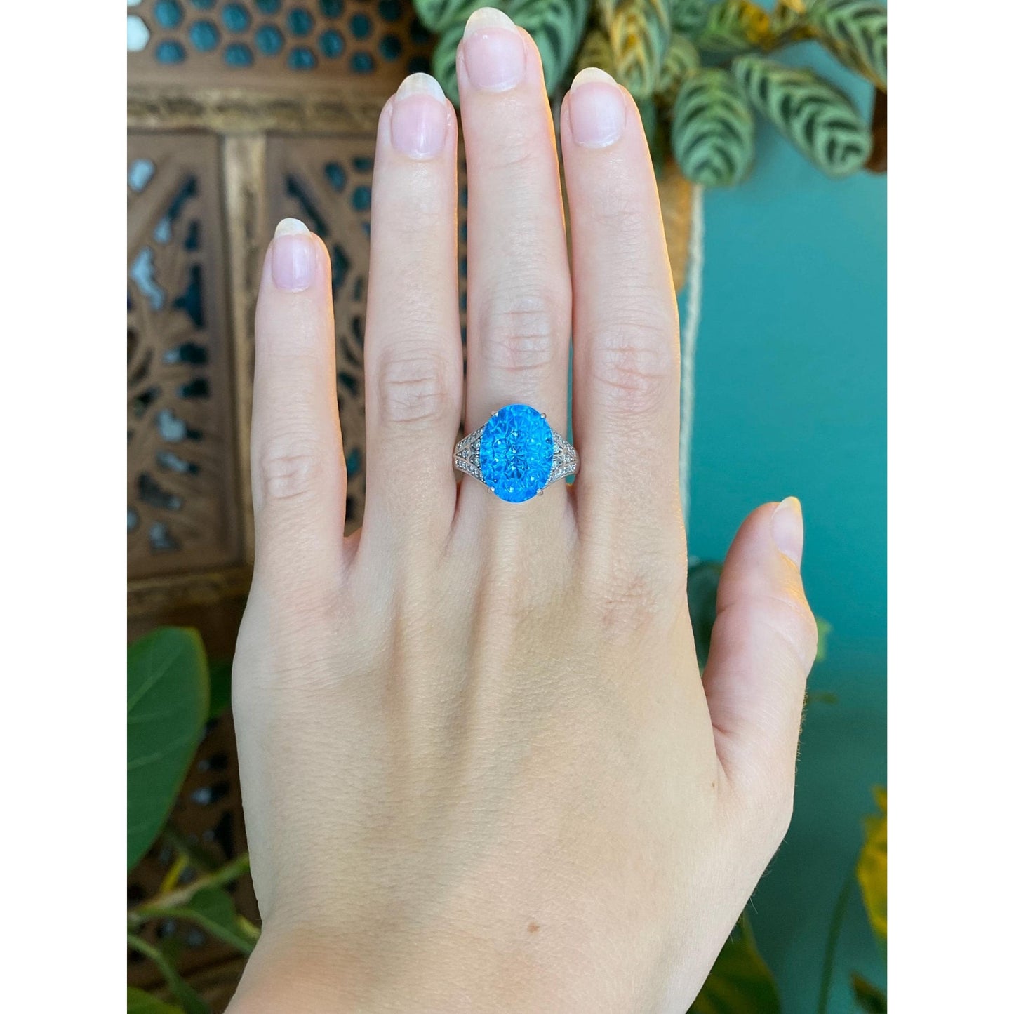 Vintage Solid 14k White Gold Diamond Fancy Cut Topaz Ring - Size 6.75