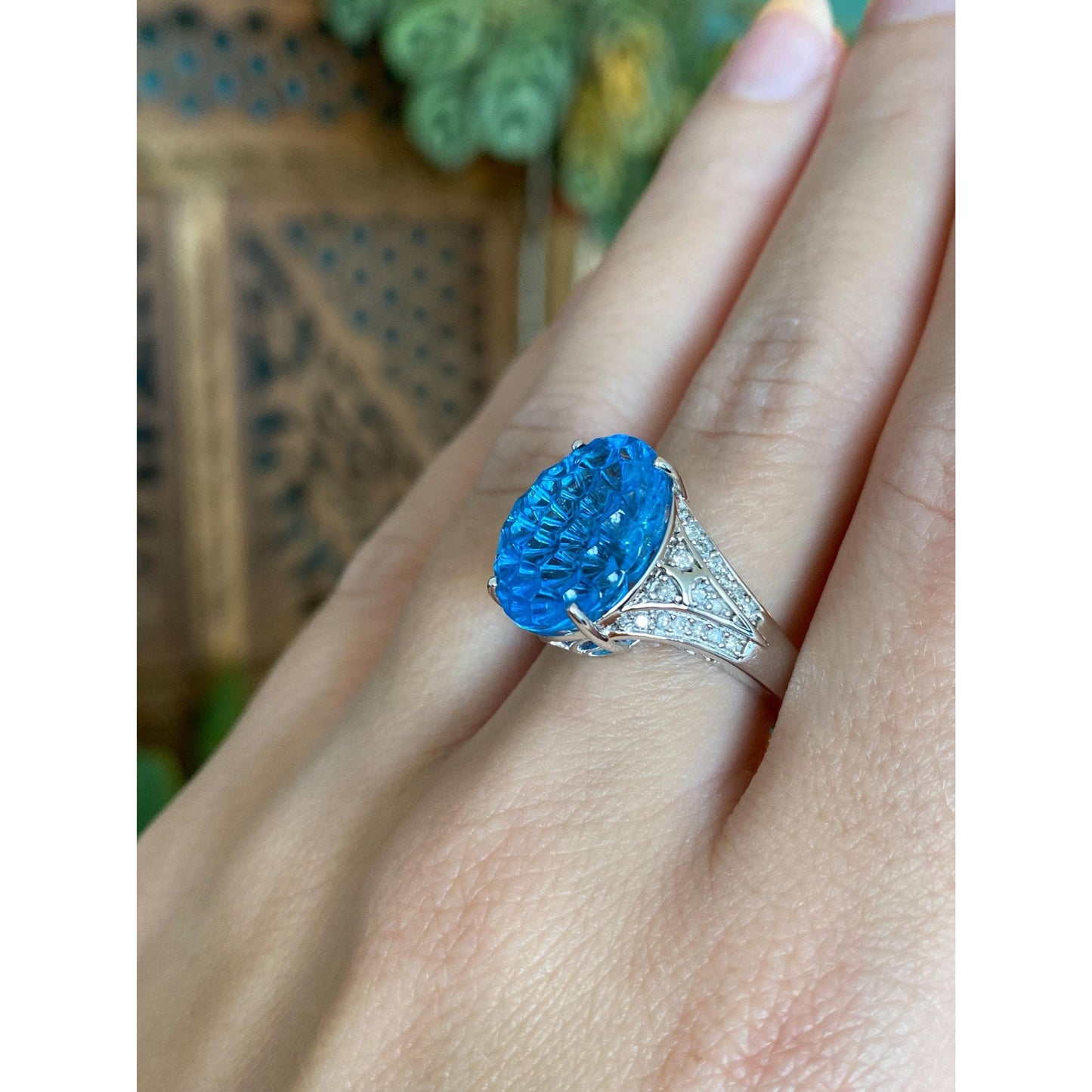 Vintage Solid 14k White Gold Diamond Fancy Cut Topaz Ring - Size 6.75