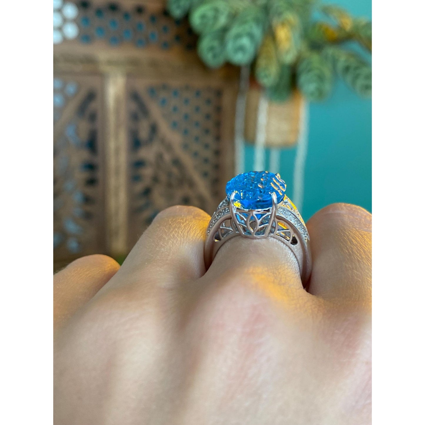 Vintage Solid 14k White Gold Diamond Fancy Cut Topaz Ring - Size 6.75