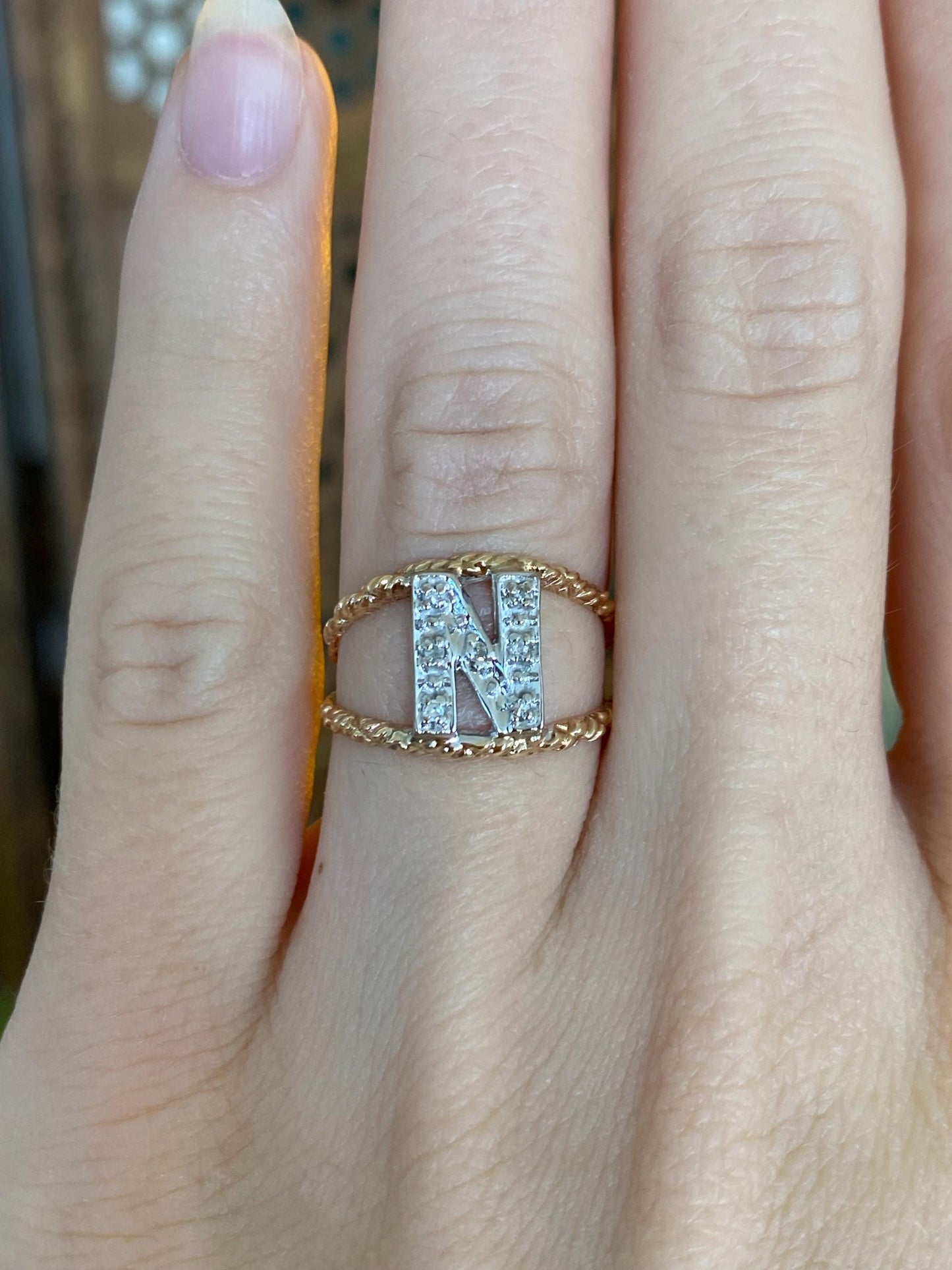 Vintage Solid 10k White & Yellow Gold Clear Sapphire Initial 'N' Ring - Size 5.5