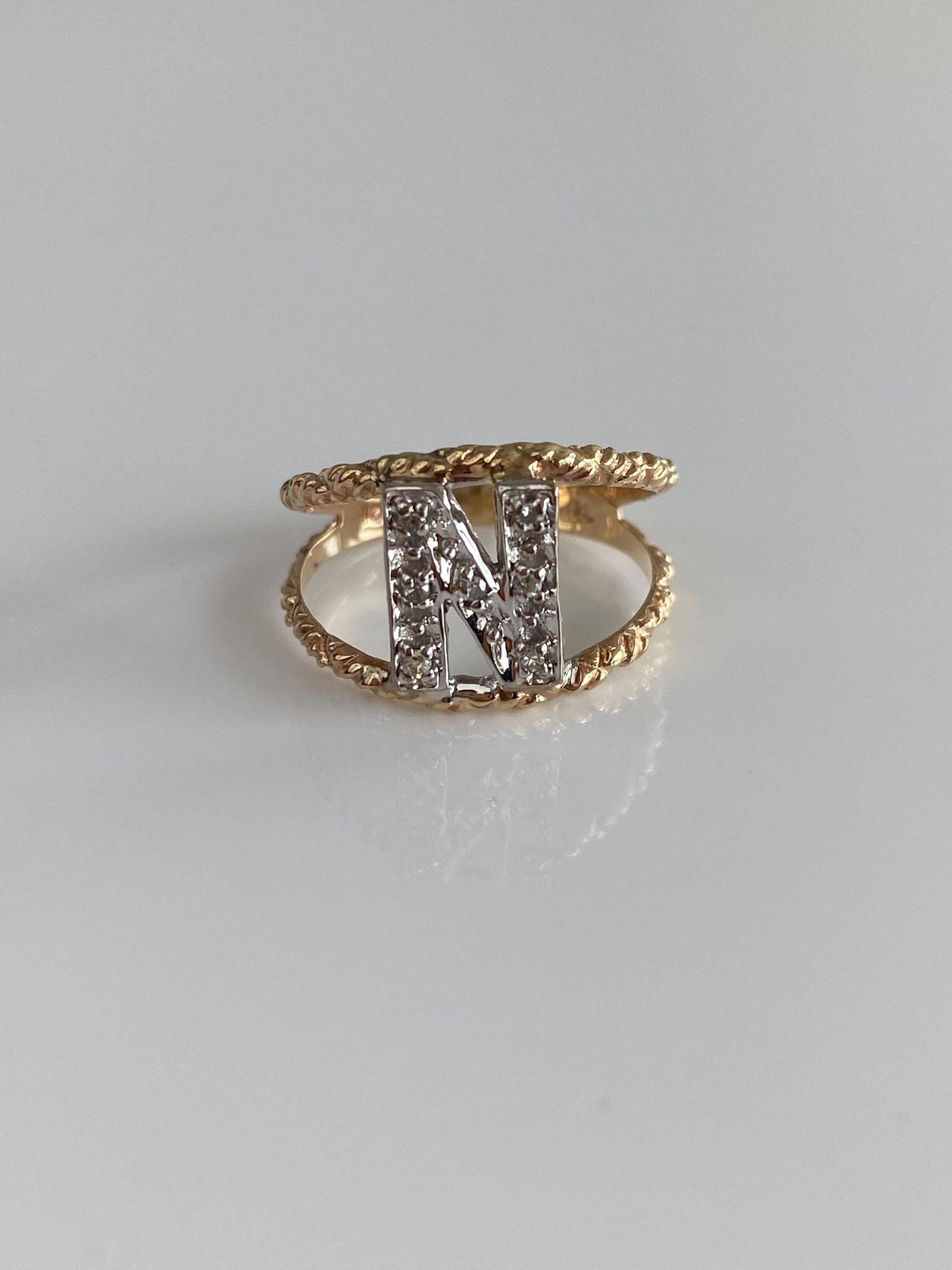 Vintage Solid 10k White & Yellow Gold Clear Sapphire Initial 'N' Ring - Size 5.5