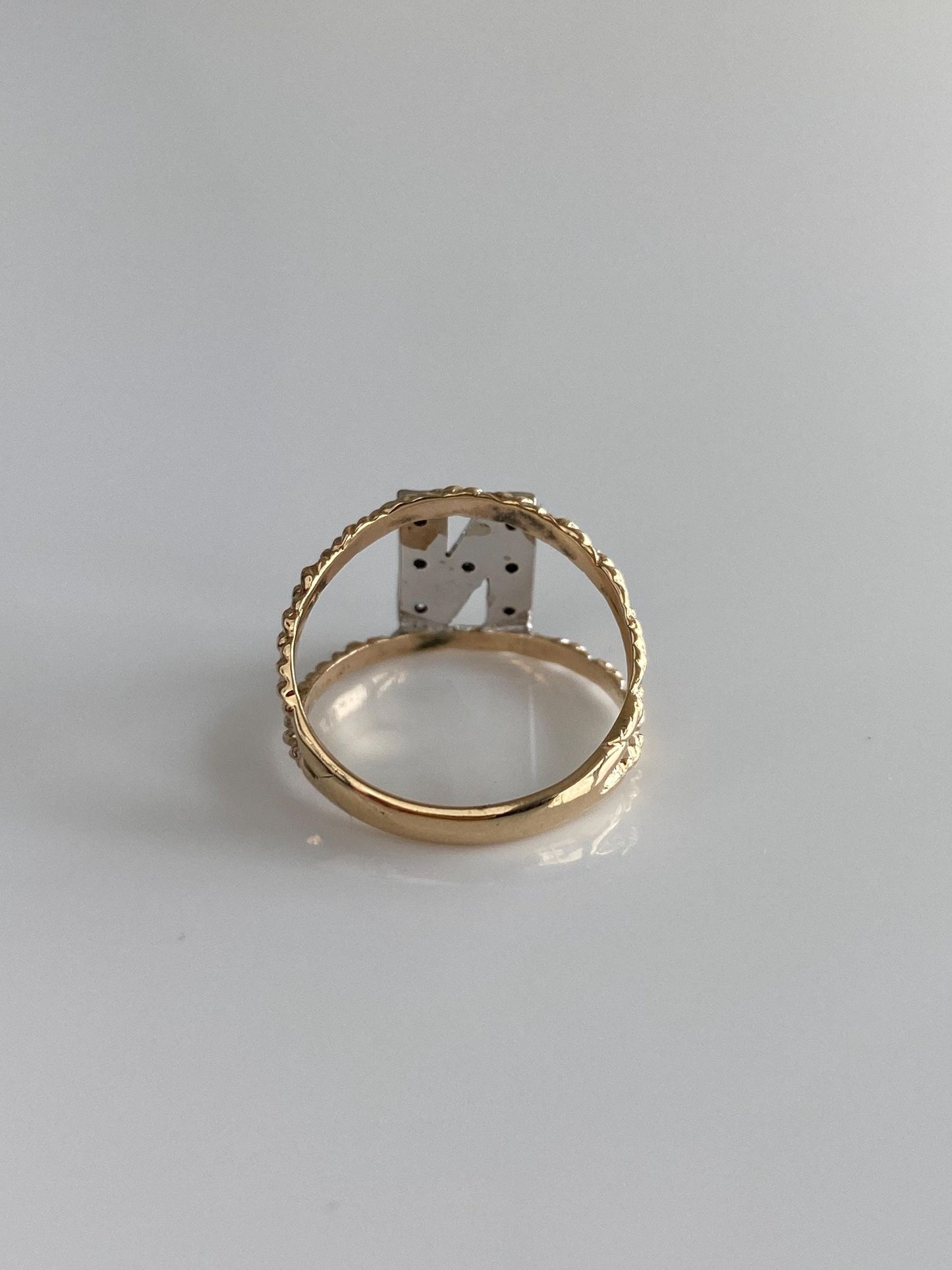 Vintage Solid 10k White & Yellow Gold Clear Sapphire Initial 'N' Ring - Size 5.5
