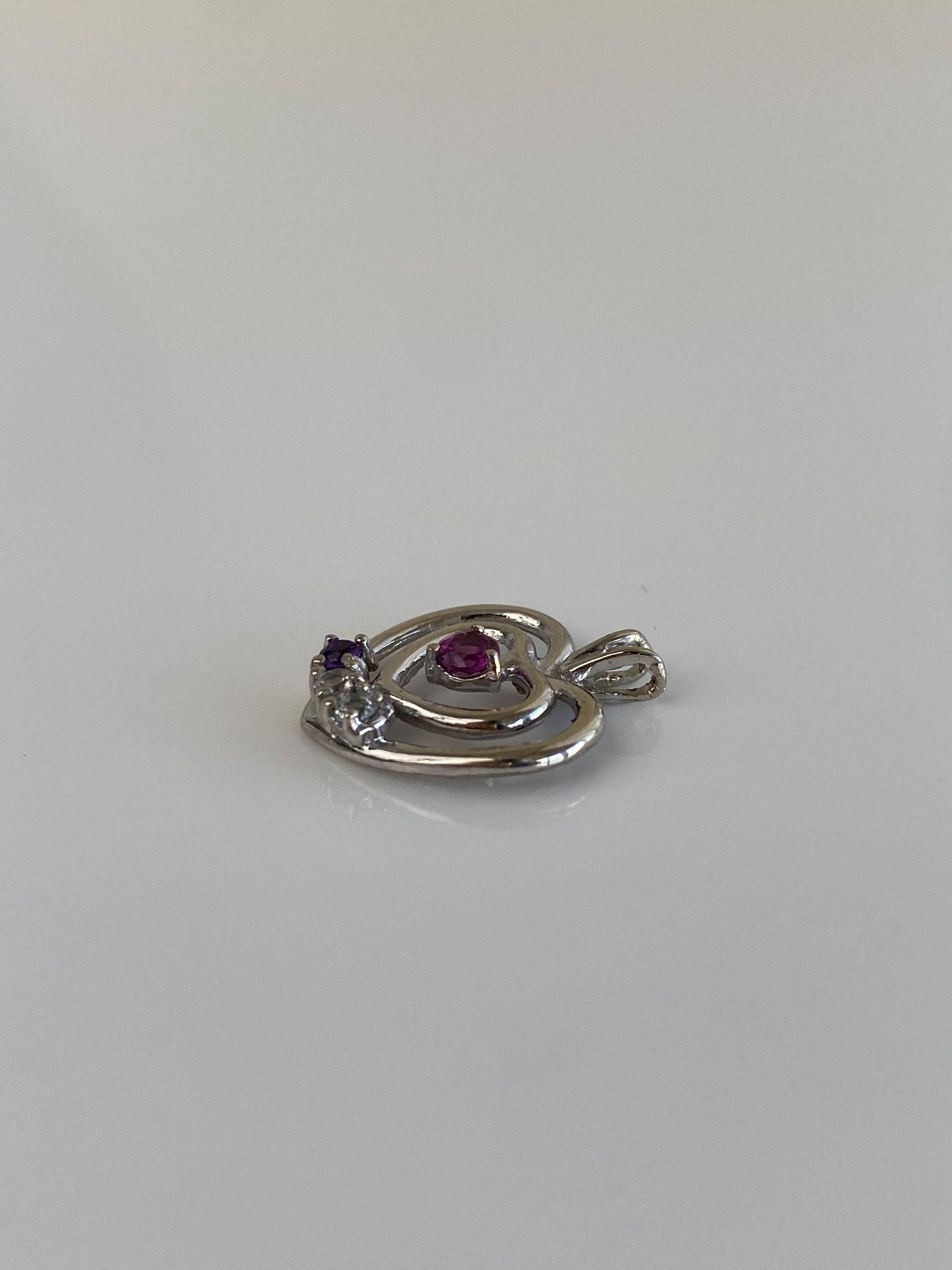 Vintage Solid 14k White Gold Light Blue & Clear Spinel Amethyst Pink Cubic Zirconia Heart Charm