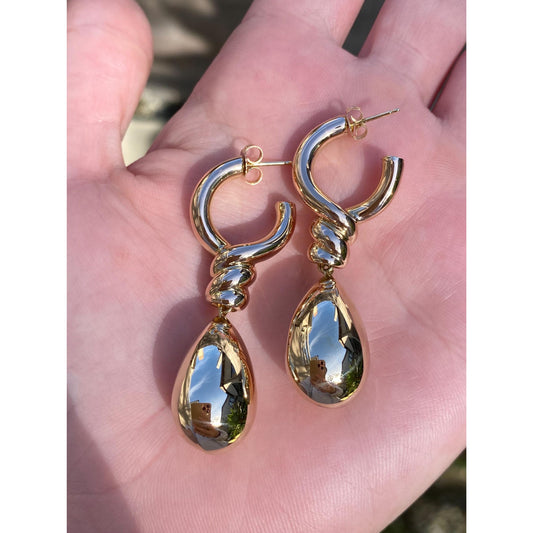 Vintage 14k Yellow Gold Teardrop Dangle Twisted Hoop Earrings