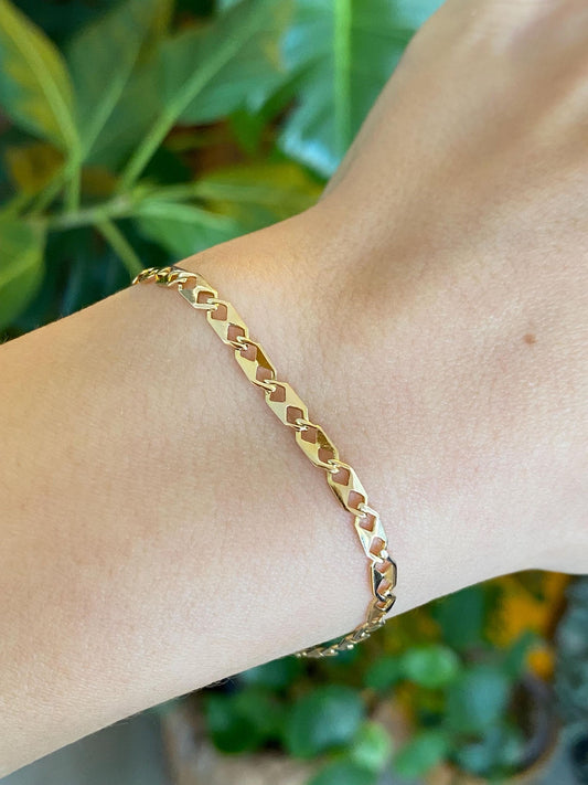 Vintage Solid 14k Yellow Gold Fancy Flat Link Chain Bracelet - 7 inches