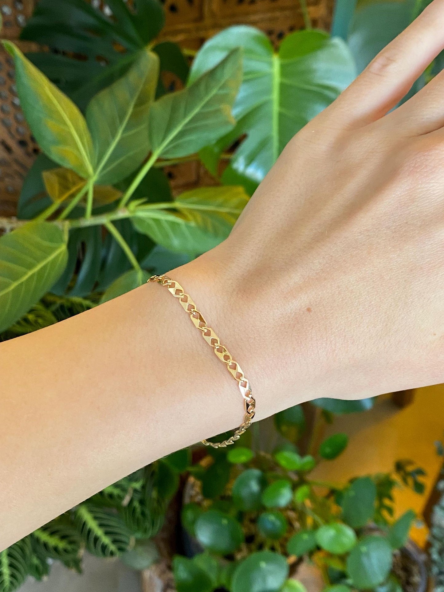Vintage Solid 14k Yellow Gold Fancy Flat Link Chain Bracelet - 7 inches