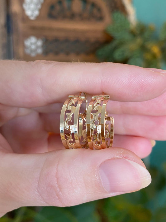 Vintage Solid 14k Rosey Gold Open Work Hoop Earrings