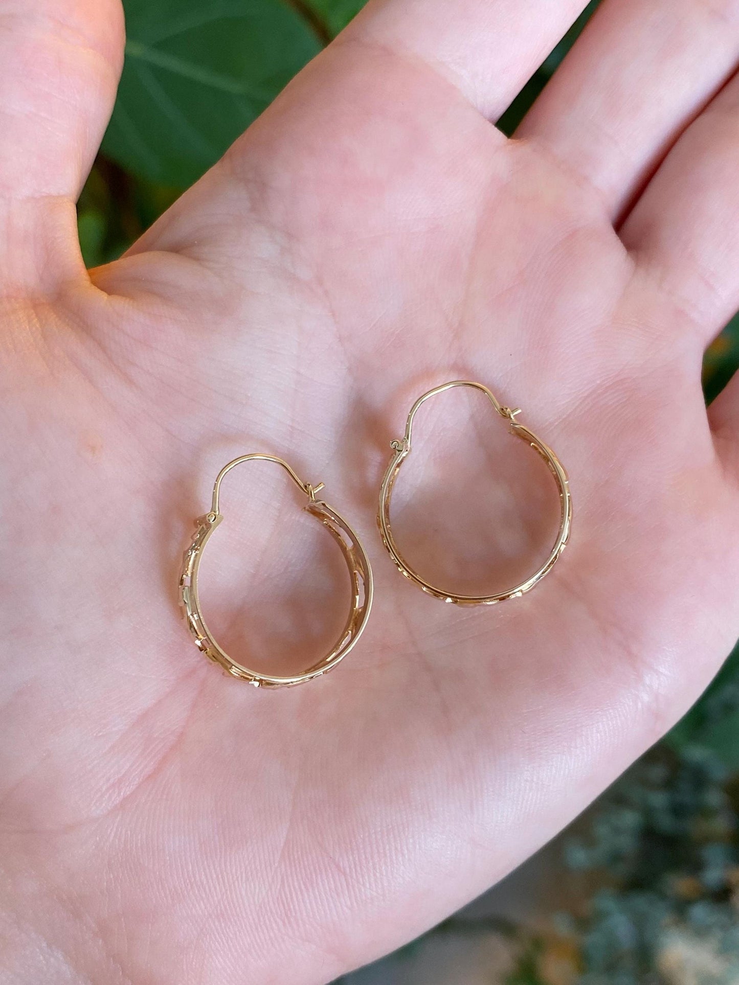 Vintage Solid 14k Rosey Gold Open Work Hoop Earrings