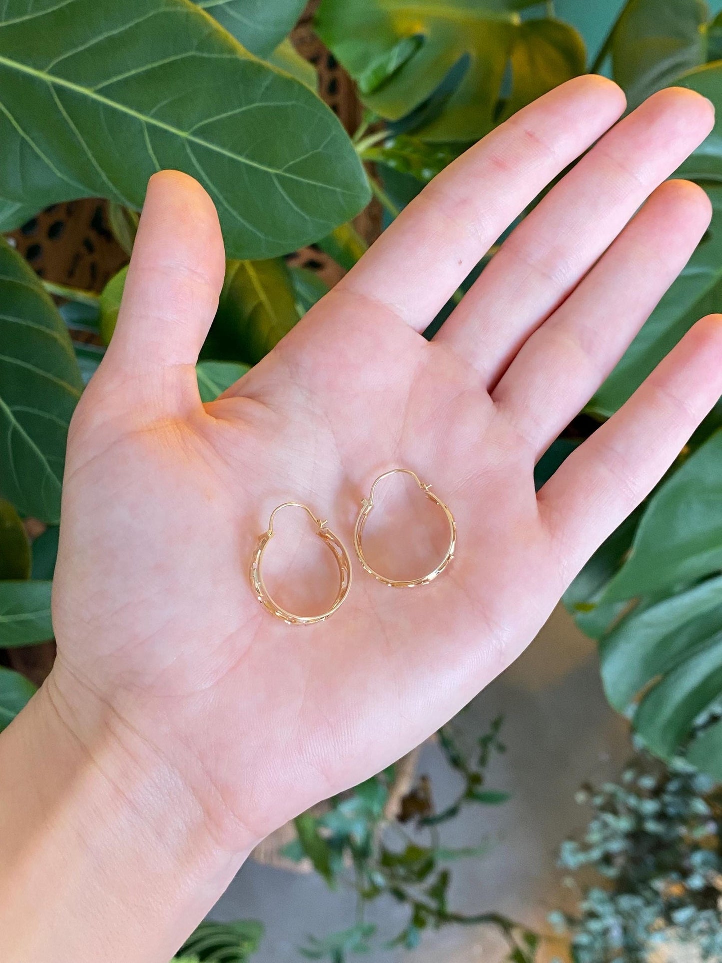 Vintage Solid 14k Rosey Gold Open Work Hoop Earrings