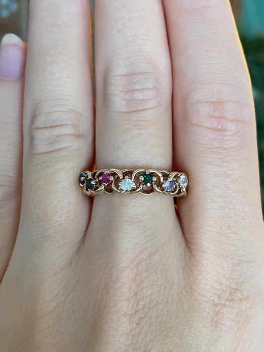 Vintage Solid 10k Yellow Gold Blue Clear Green Spinel Pink Purple Sapphire Ring Band - Size 8.75