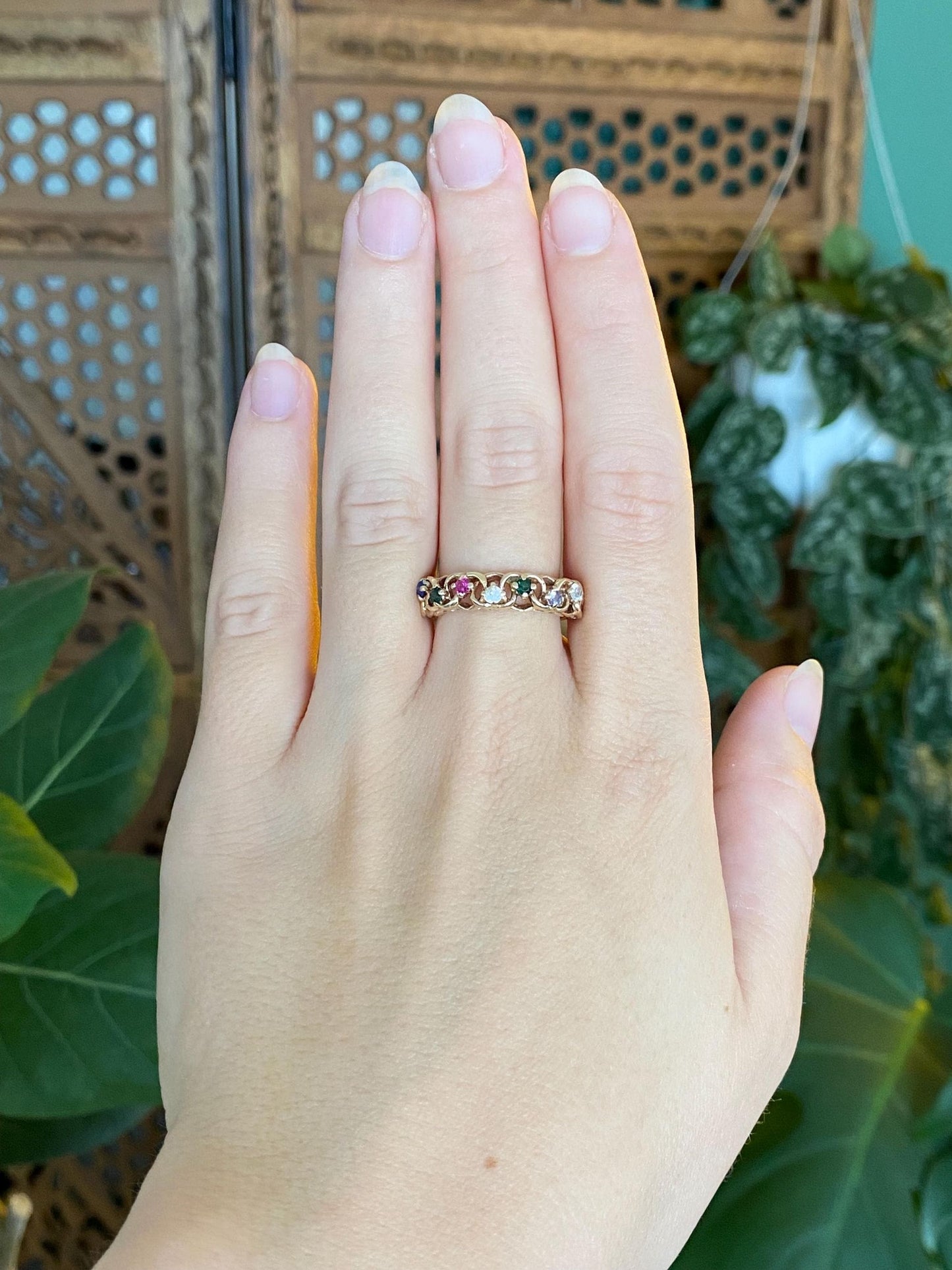 Vintage Solid 10k Yellow Gold Blue Clear Green Spinel Pink Purple Sapphire Ring Band - Size 8.75