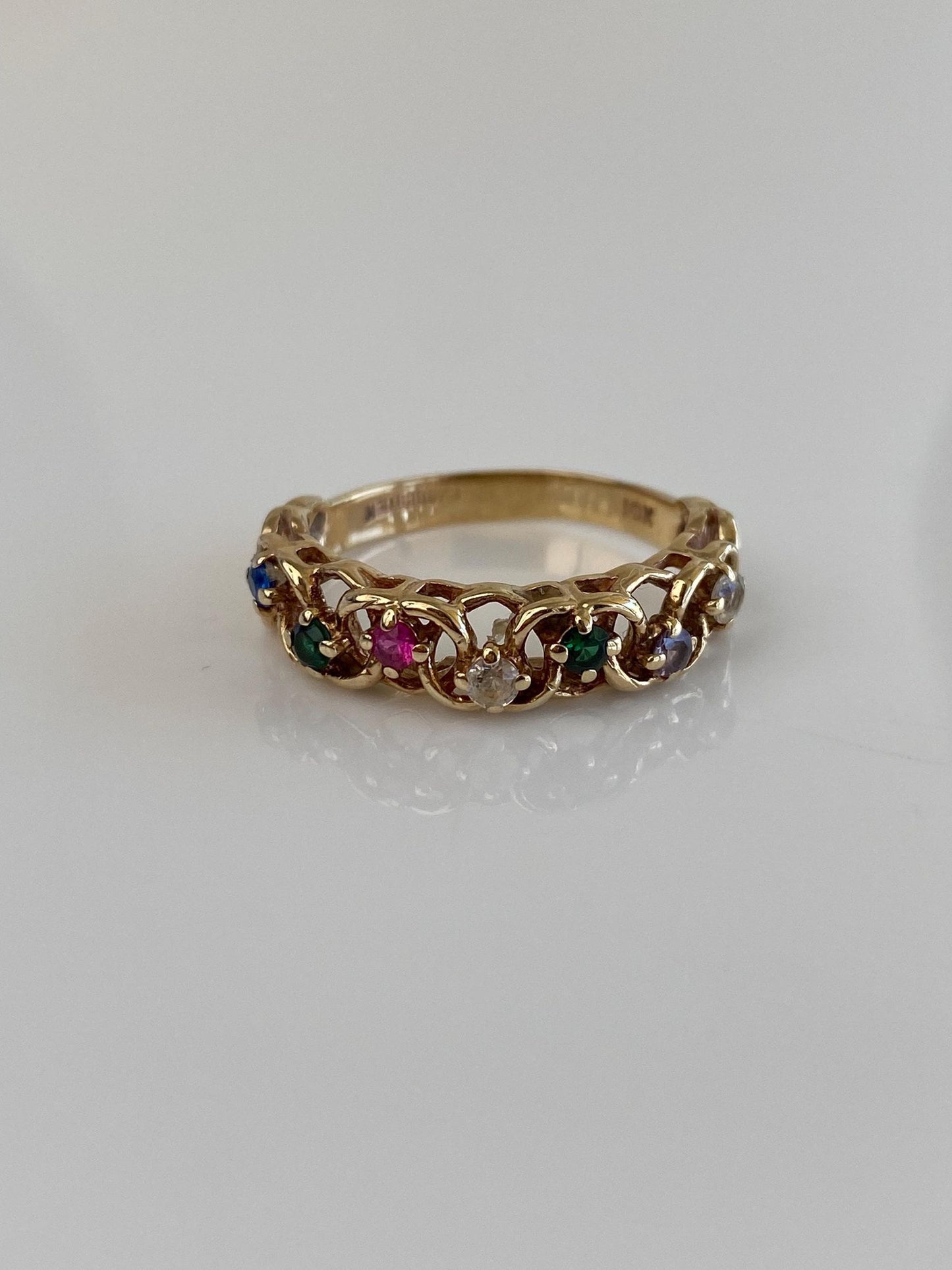 Vintage Solid 10k Yellow Gold Blue Clear Green Spinel Pink Purple Sapphire Ring Band - Size 8.75