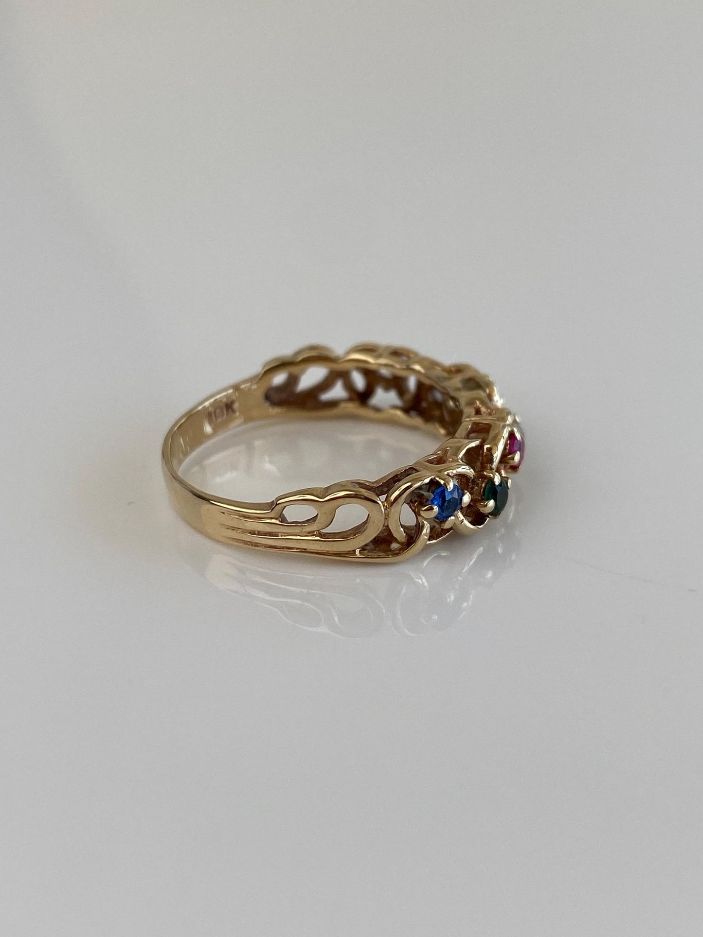 Vintage Solid 10k Yellow Gold Blue Clear Green Spinel Pink Purple Sapphire Ring Band - Size 8.75