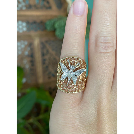 Vintage Solid 14k White & Yellow Gold Diamond Butterfly Open Work Ring Band - Size 4.25