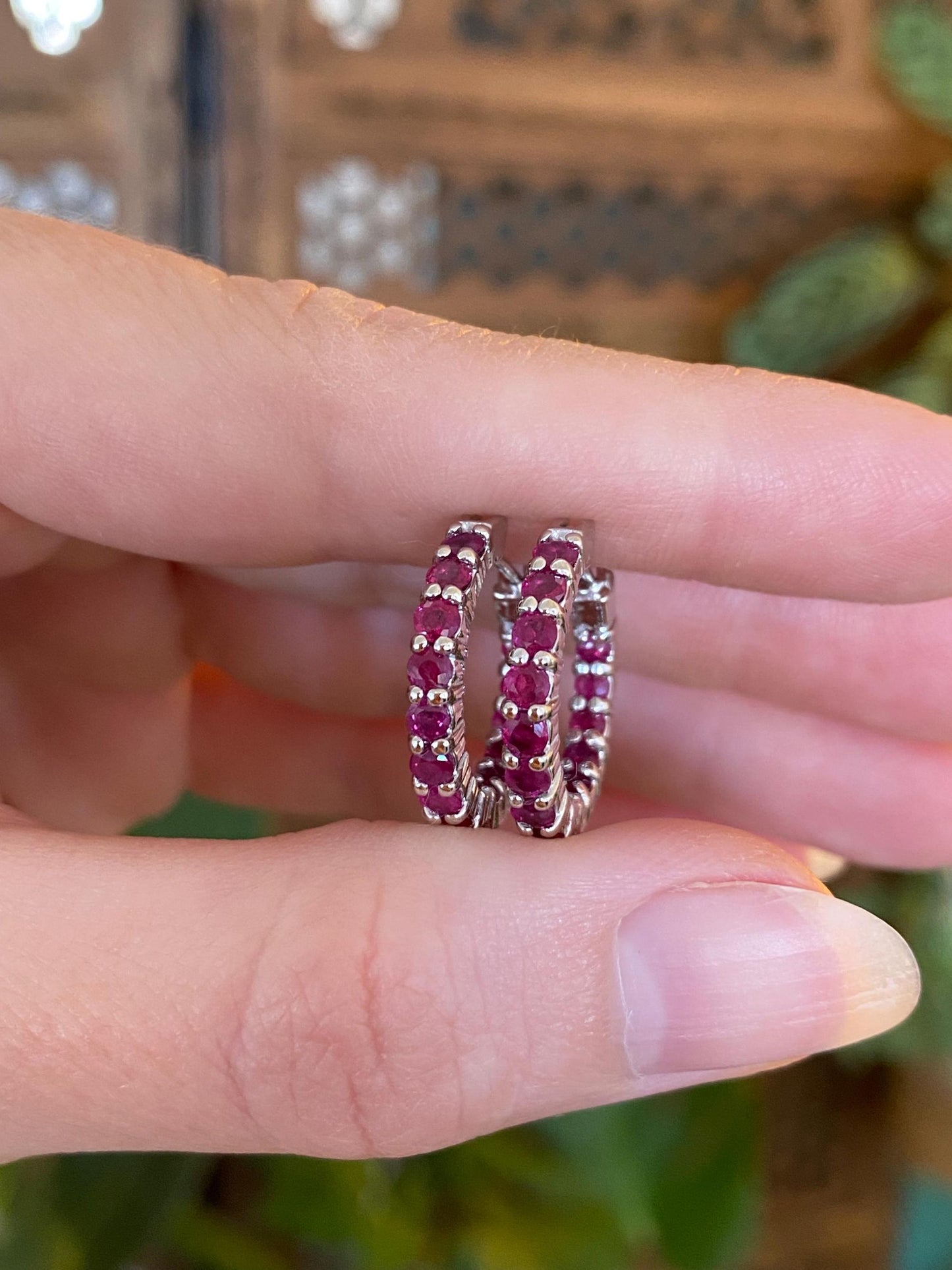 Vintage Solid 14k White Gold Pink Sapphire Hoop Earrings