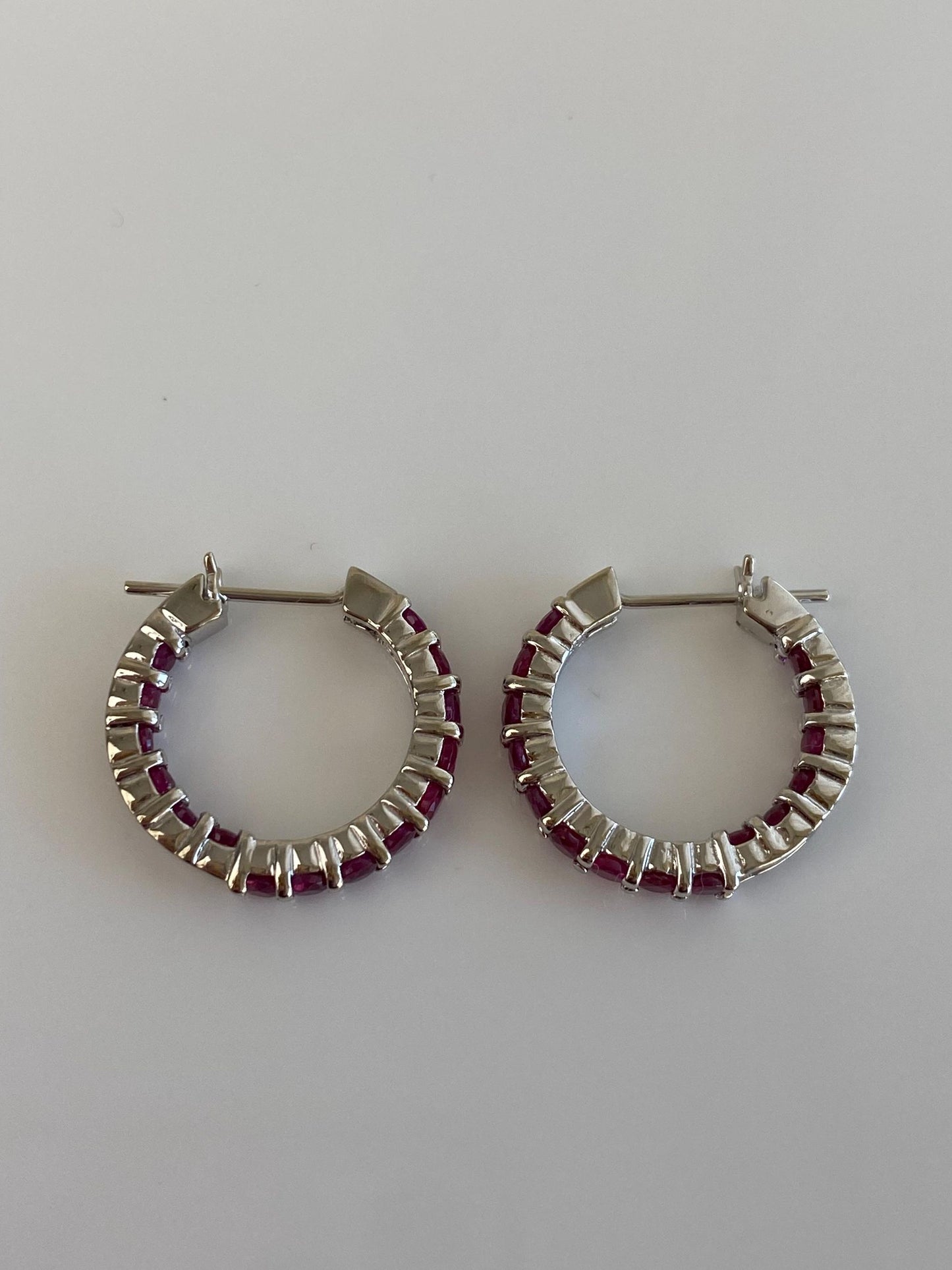 Vintage Solid 14k White Gold Pink Sapphire Hoop Earrings