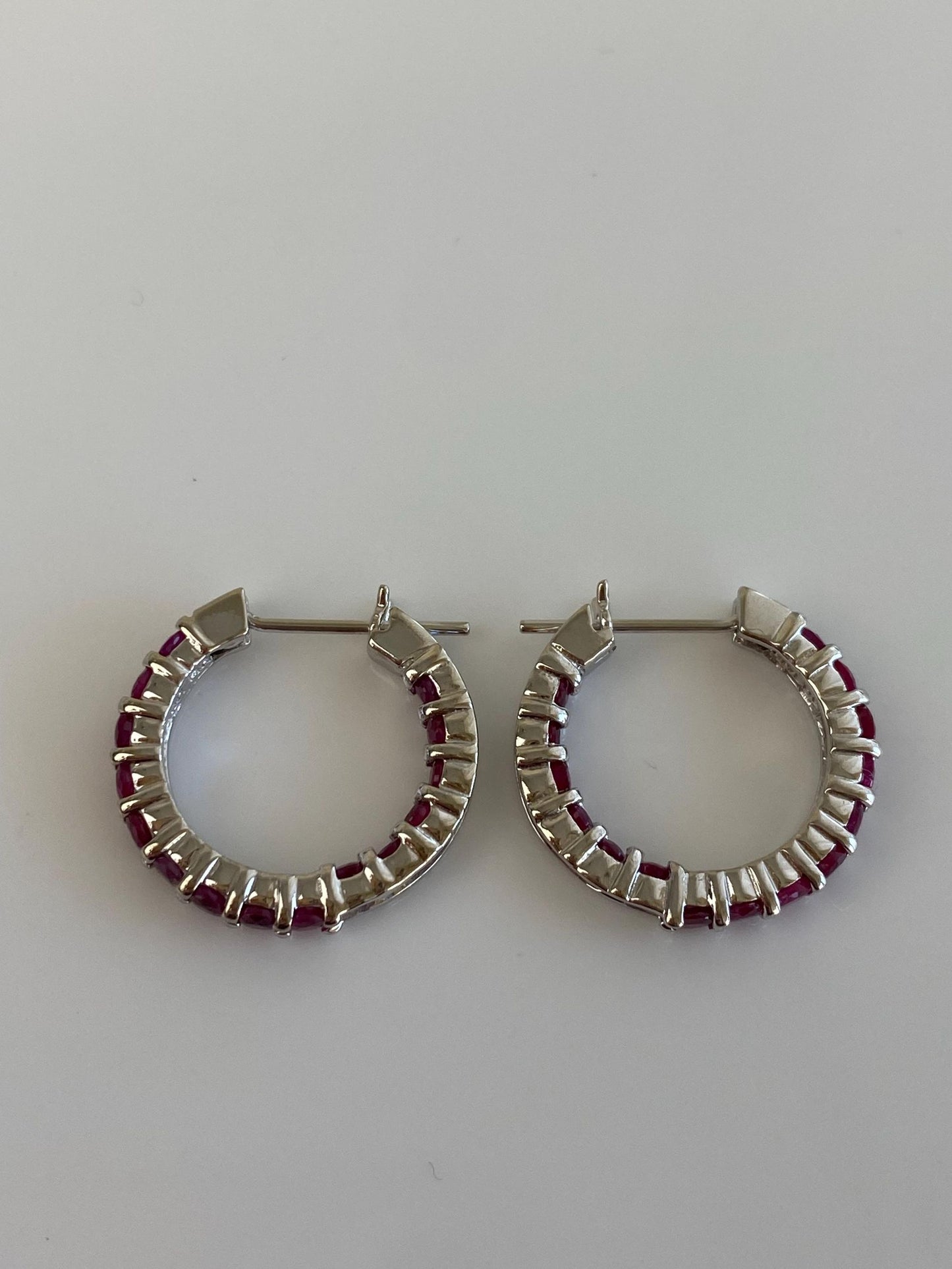 Vintage Solid 14k White Gold Pink Sapphire Hoop Earrings