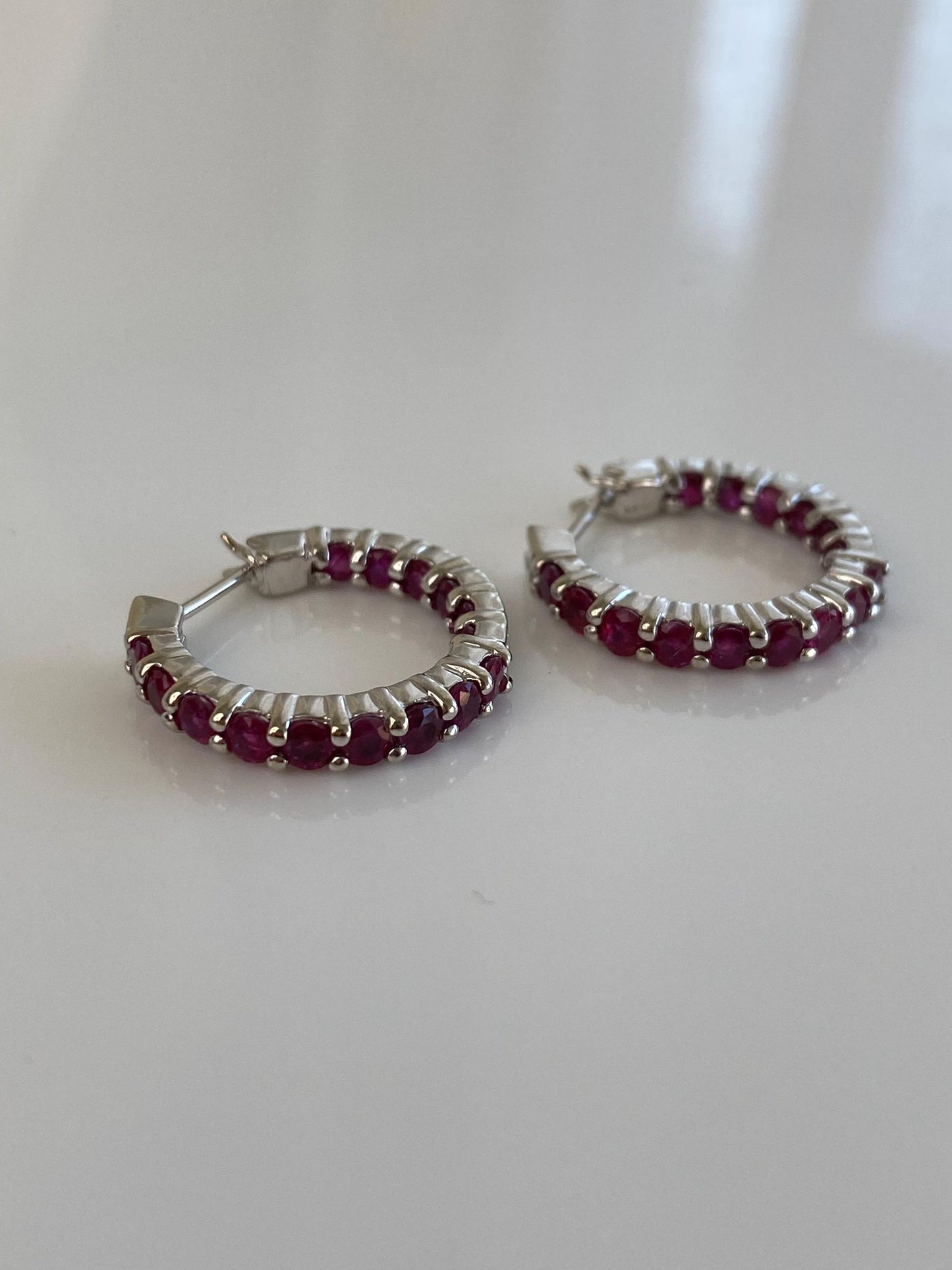 Vintage Solid 14k White Gold Pink Sapphire Hoop Earrings