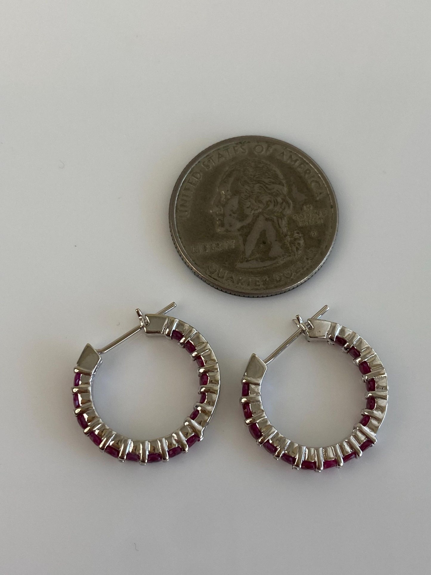 Vintage Solid 14k White Gold Pink Sapphire Hoop Earrings