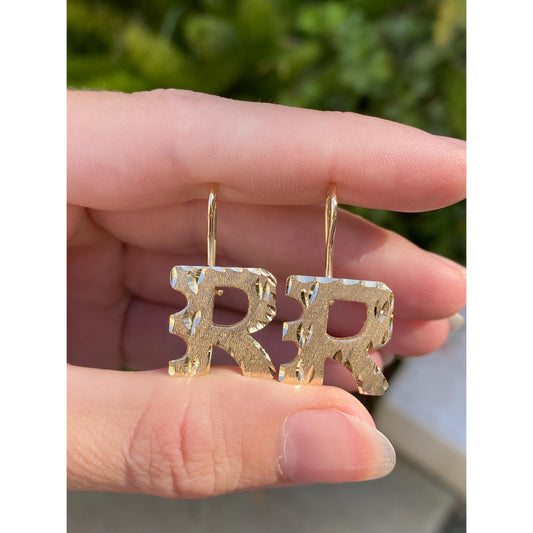 Vintage Solid 14k Yellow Gold Diamond Cut Initial 'R' Drop Earrings