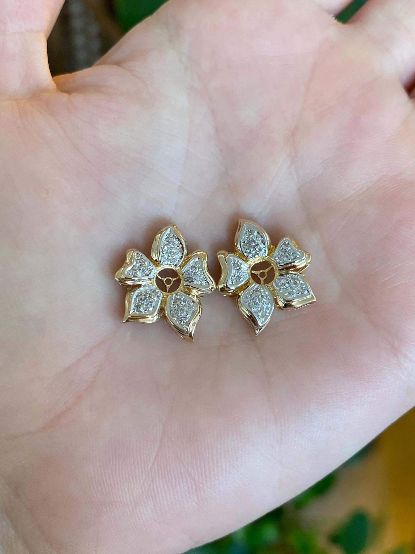 Vintage Solid 14k White & Yellow Gold Diamond Flower Earring Jackets