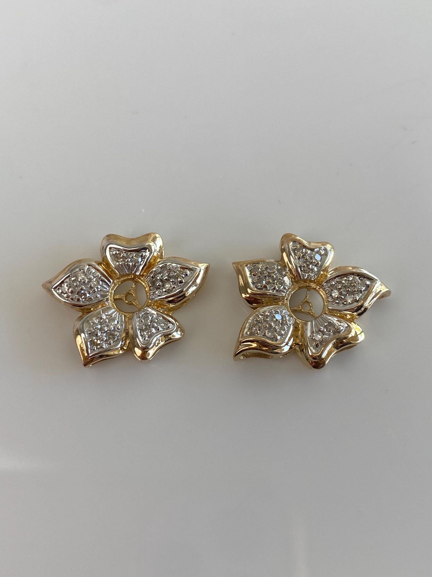 Vintage Solid 14k White & Yellow Gold Diamond Flower Earring Jackets