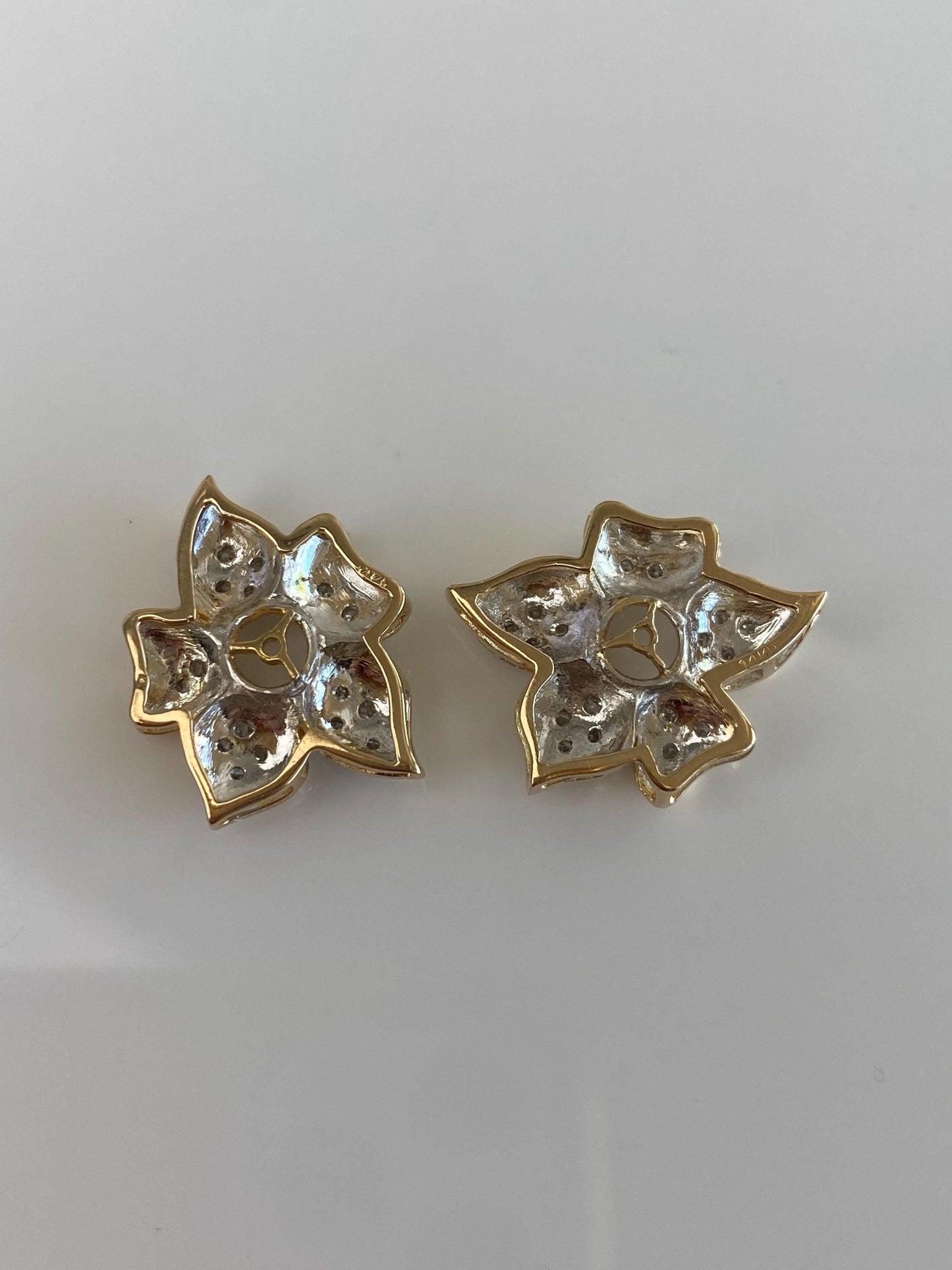 Vintage Solid 14k White & Yellow Gold Diamond Flower Earring Jackets