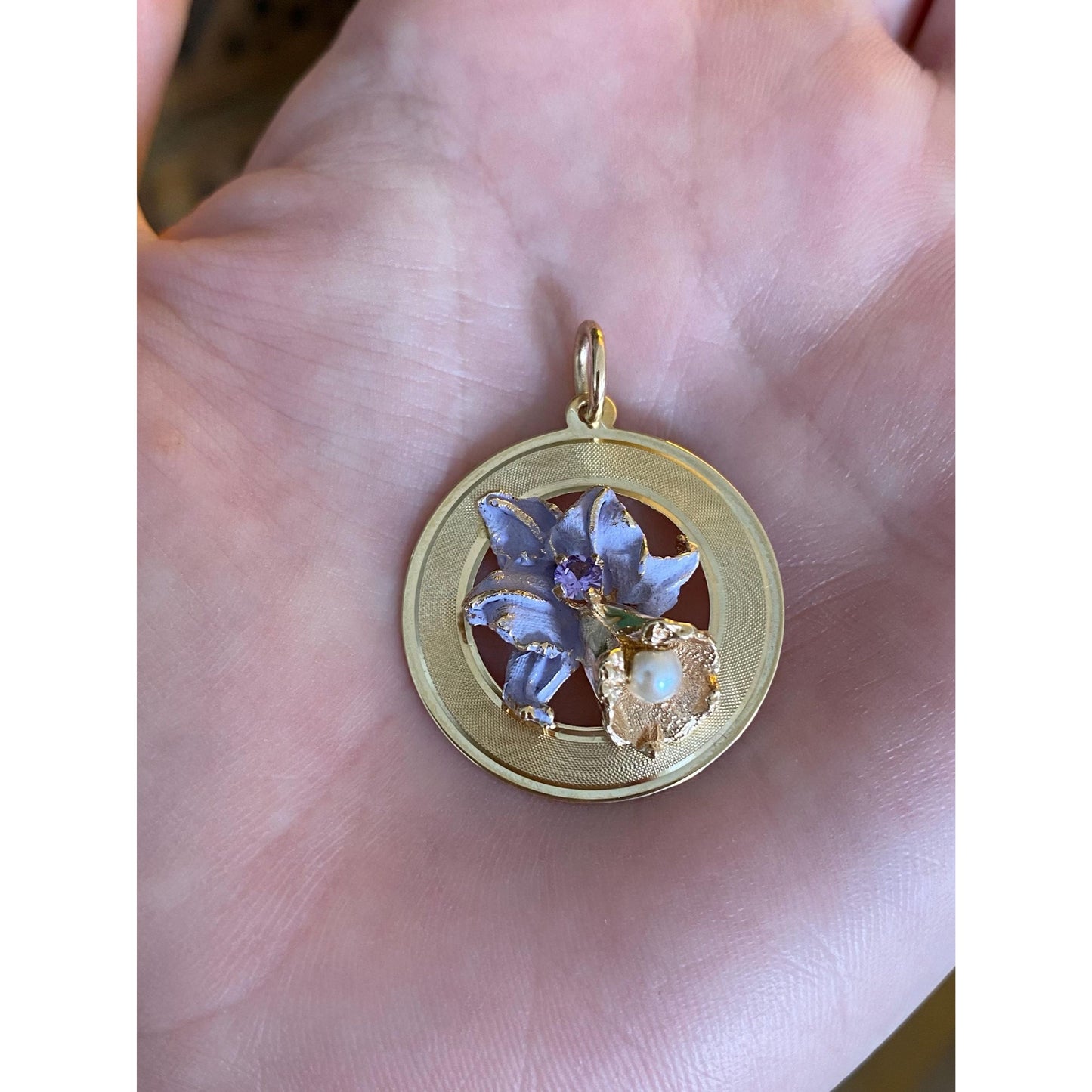 Vintage Solid 14k Yellow Gold Light Purple Sapphire Pearl Enamel Flower Charm