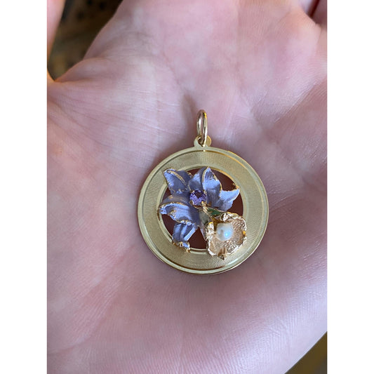 Vintage Solid 14k Yellow Gold Light Purple Sapphire Pearl Enamel Flower Charm